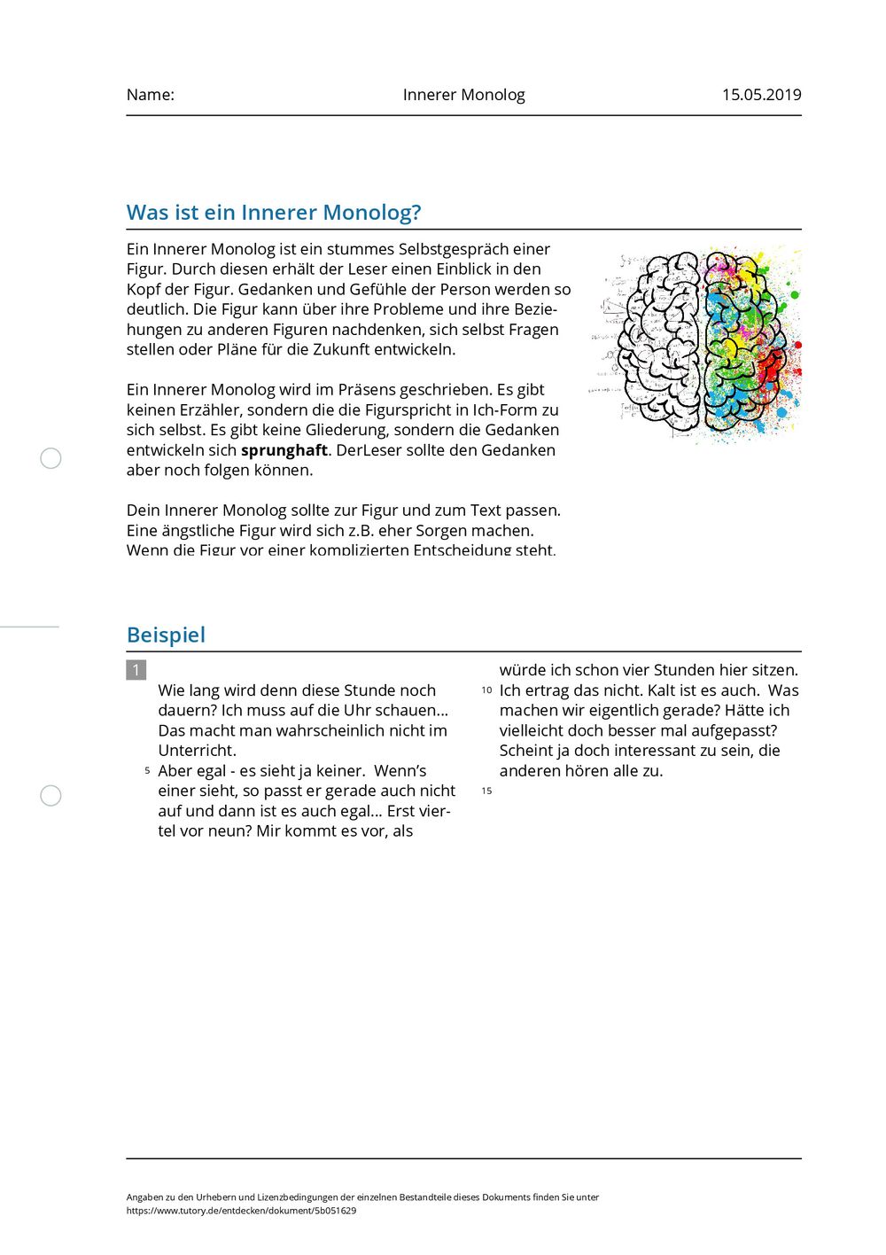 Arbeitsblatt - Innerer Monolog - tutory.de