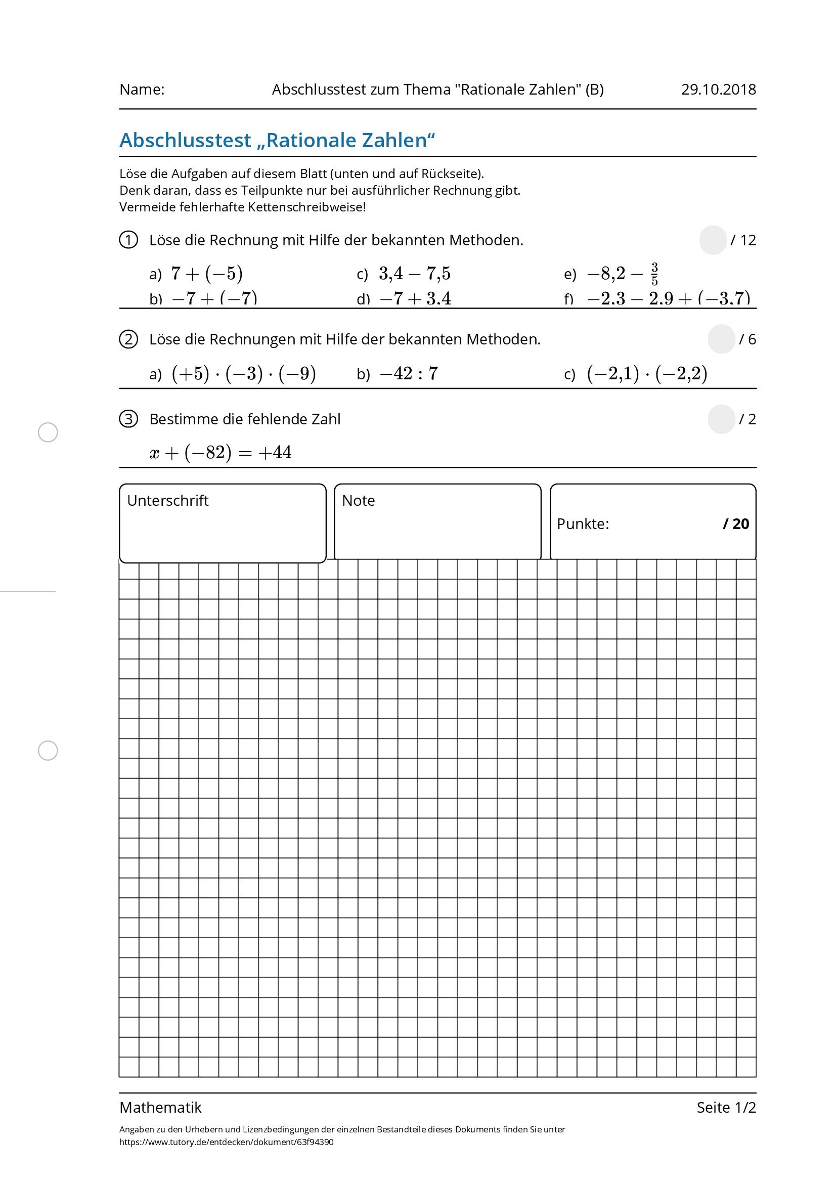 Arbeitsblatt - Abschlusstest Zum Thema "Rationale Zahlen" (B ...