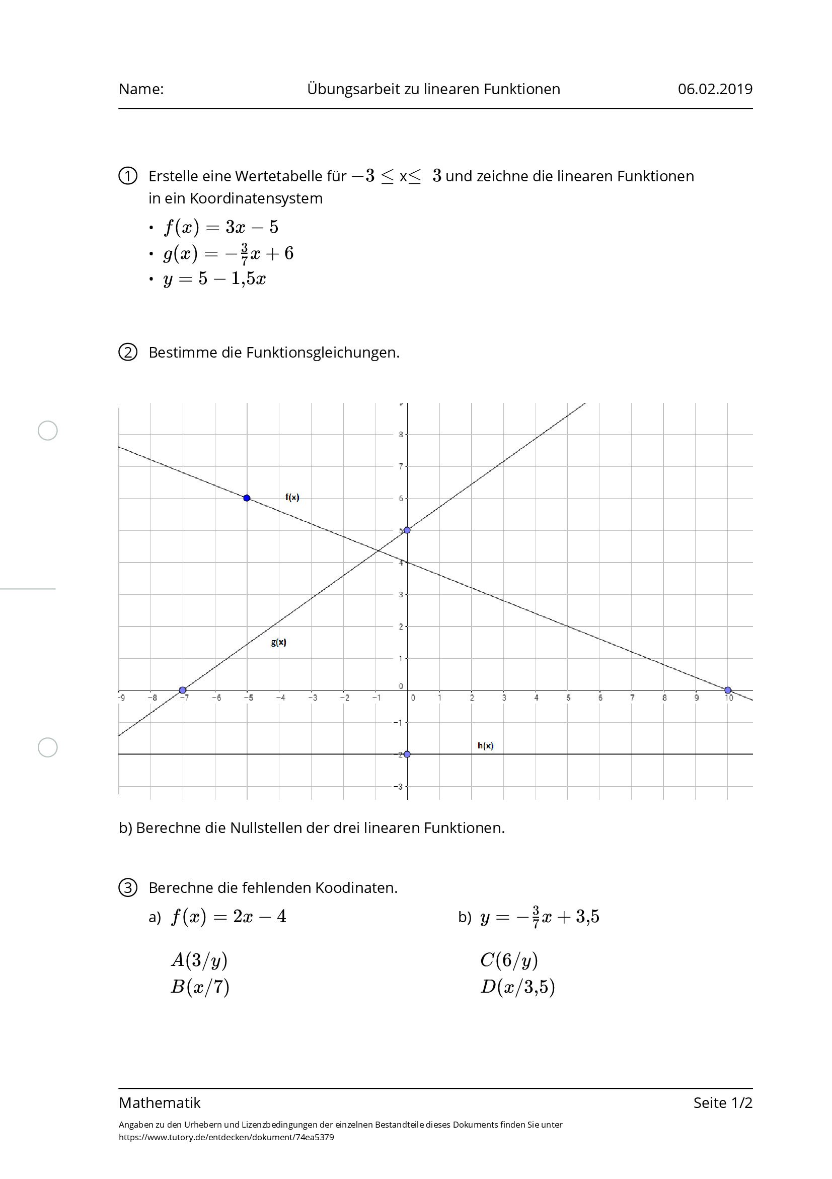 Arbeitsblatt - Übungsarbeit Zu Linearen Funktionen - Mathematik - Tutory.de