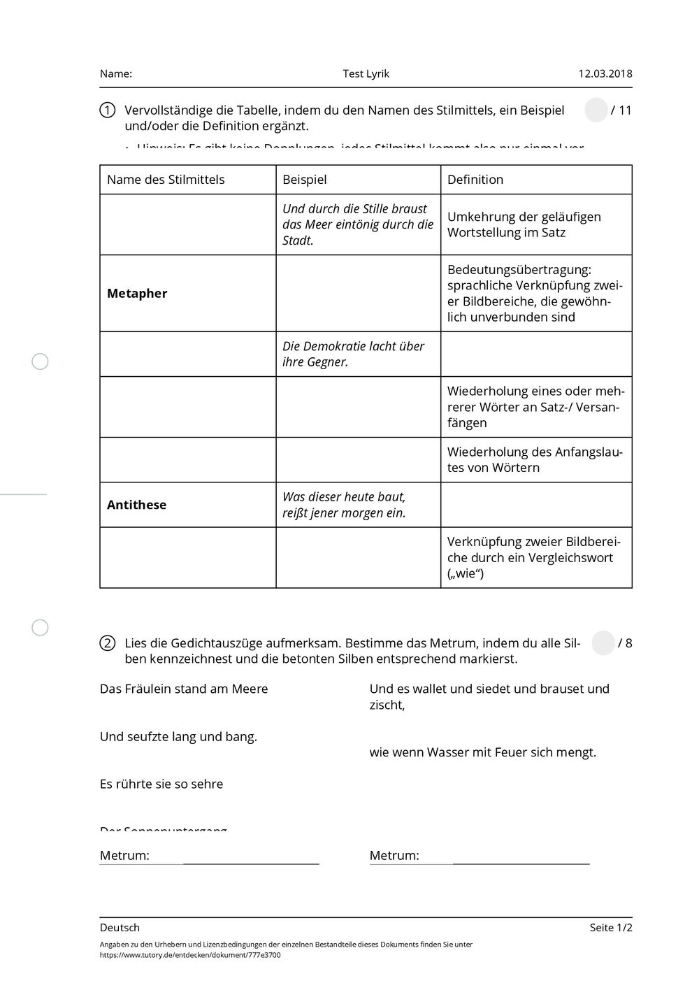 Arbeitsblatt Test Lyrik Deutsch Allgemeine Hochschulreife Tutory De