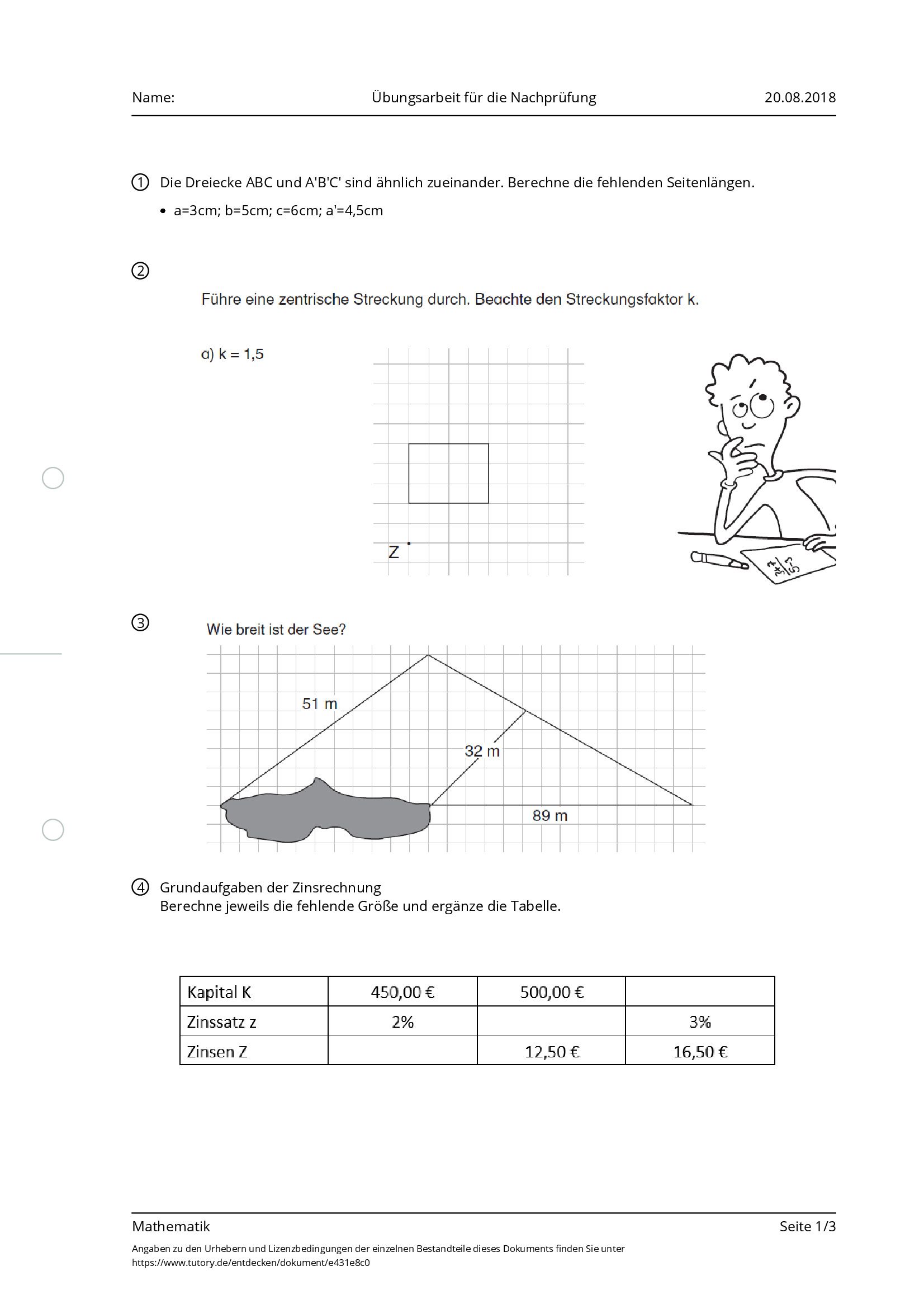 Arbeitsblatt - Übungsarbeit Für Die Nachprüfung - Mathematik - Mittlere ...