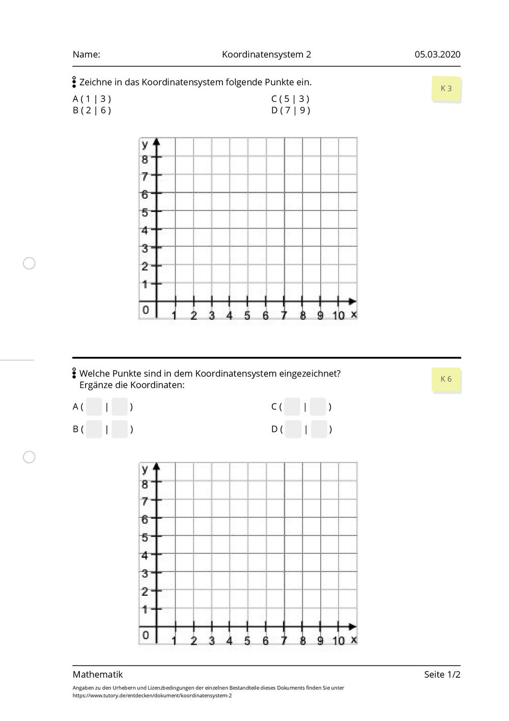 Arbeitsblatt - Koordinatensystem 2 - Mathematik - Mittlere ...