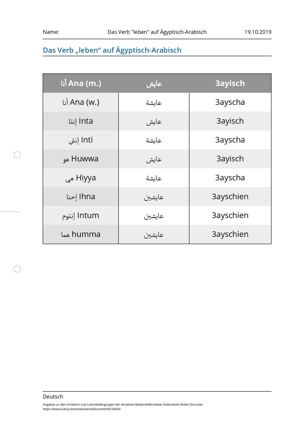 Arbeitsblatt - Das Verb "leben" auf Ägyptisch-Arabisch - Deutsch