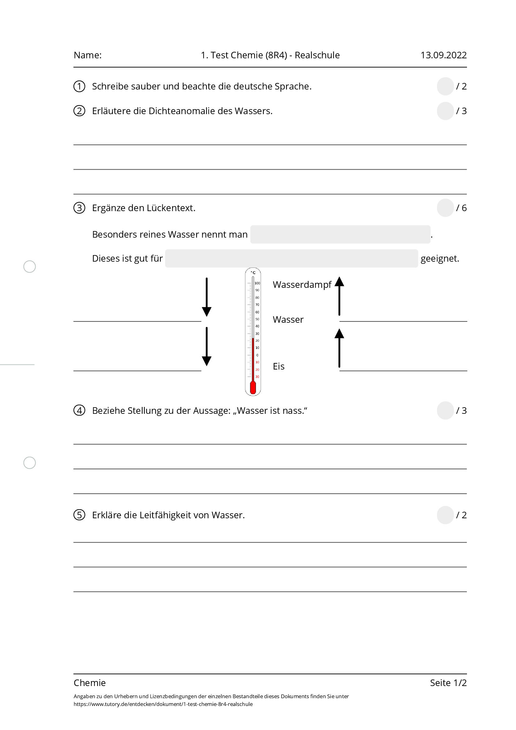 Arbeitsblatt - 1. Test Chemie (8R4) - Realschule - Chemie - Tutory.de