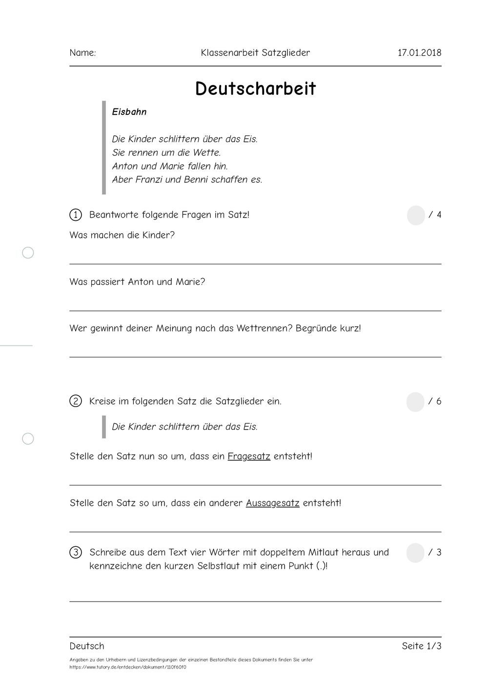 Arbeitsblatt Klassenarbeit Satzglieder Deutsch Grundschule Tutory De