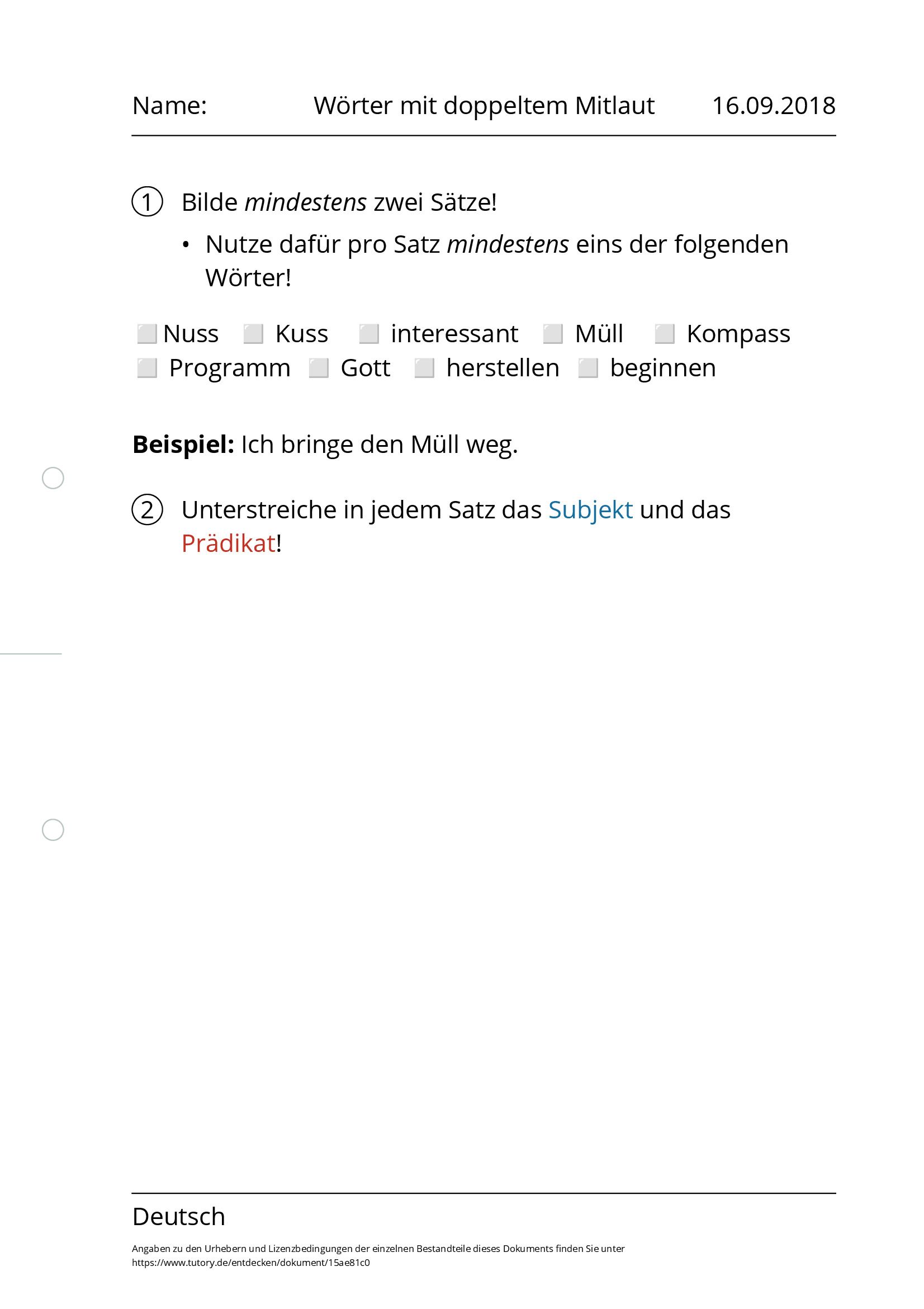 Arbeitsblatt - Wörter Mit Doppeltem Mitlaut - Deutsch - Grundschule ...