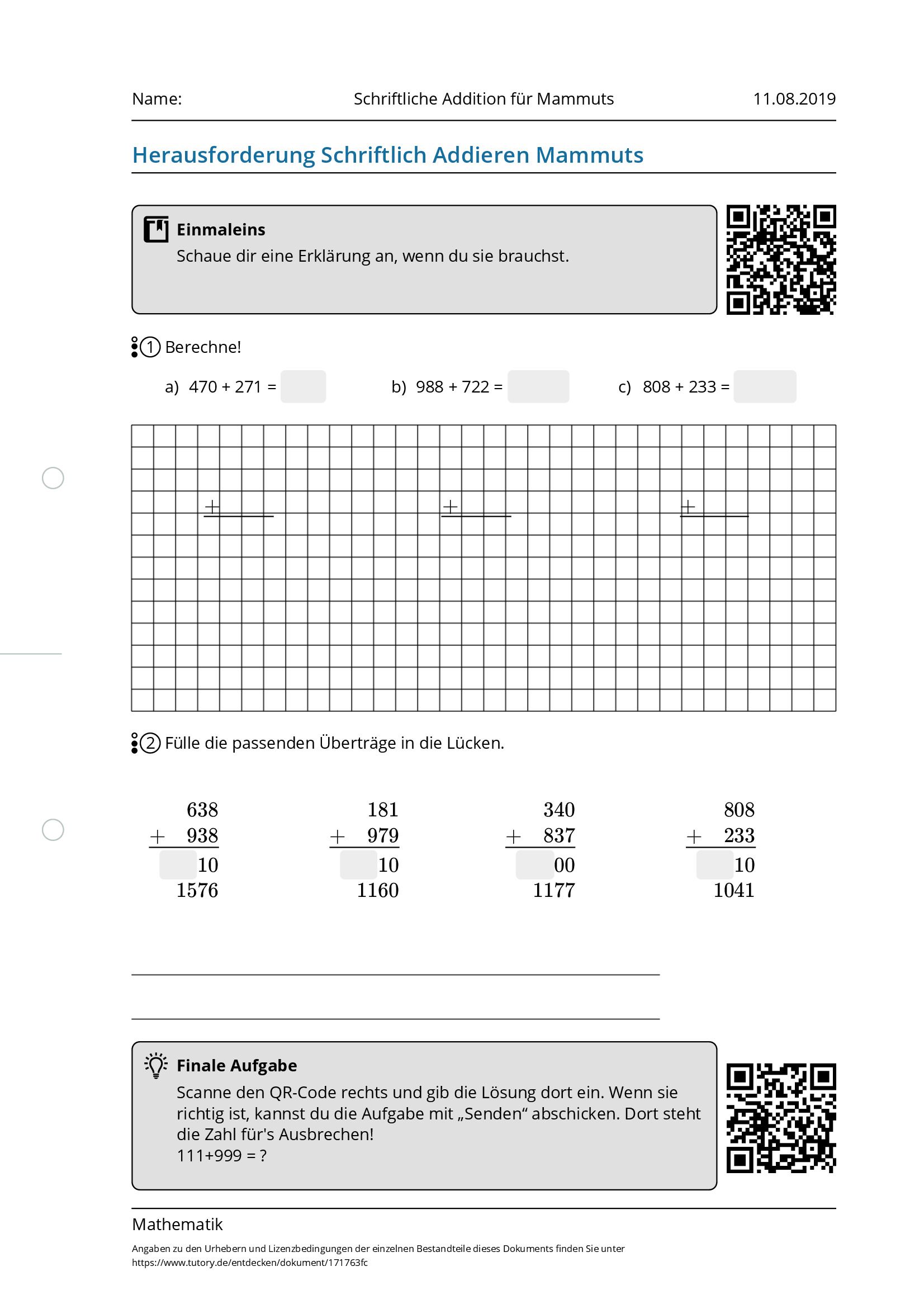 Arbeitsblatt - Schriftliche Addition Für Mammuts - Mathematik - Tutory.de