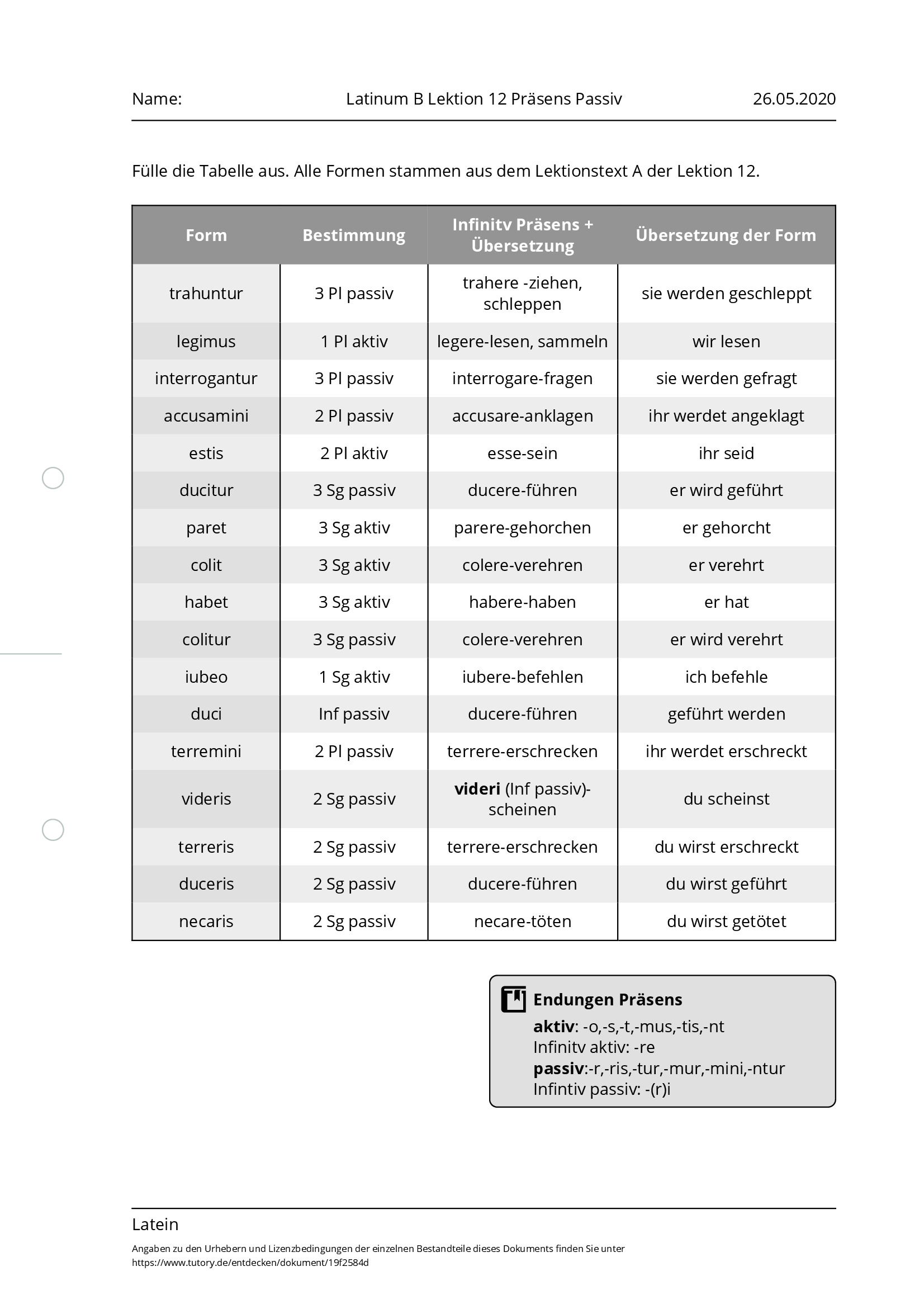 Arbeitsblatt - Latinum B Lektion 12 Präsens Passiv - Latein - Tutory.de