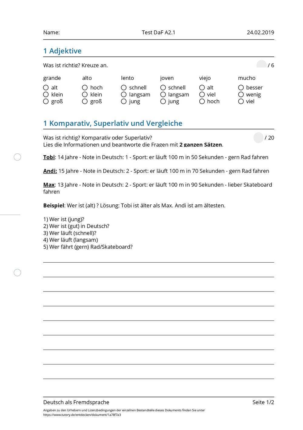Arbeitsblatt Test Daf A21 Deutsch Als Fremdsprache Tutoryde 4440