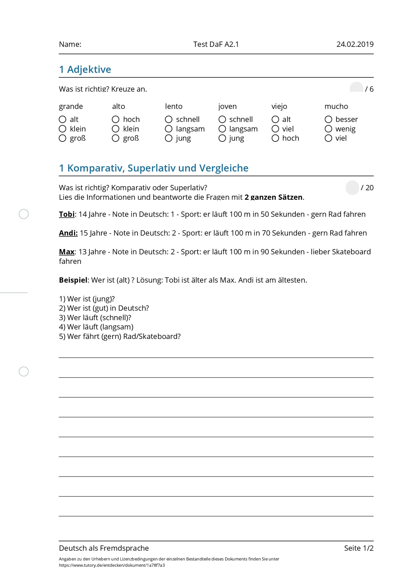 Arbeitsblatt - Test DaF A2.1 - Deutsch als Fremdsprache - tutory.de