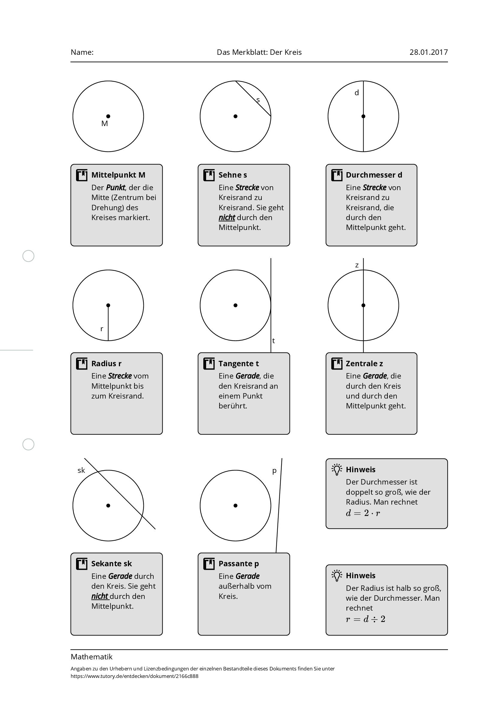 Arbeitsblatt - Das Merkblatt: Der Kreis - Mathematik - Mittlere Reife ...