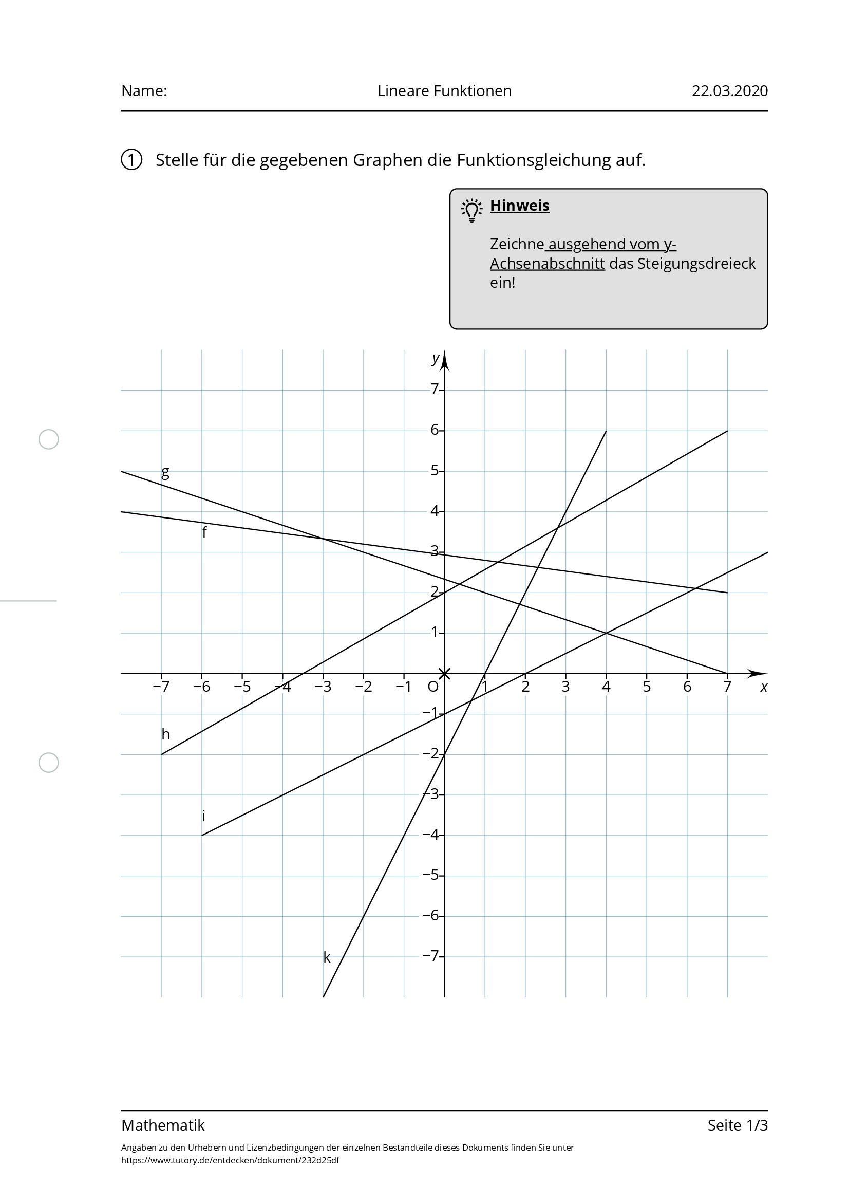 Arbeitsblatt - Lineare Funktionen - Mathematik - Tutory.de