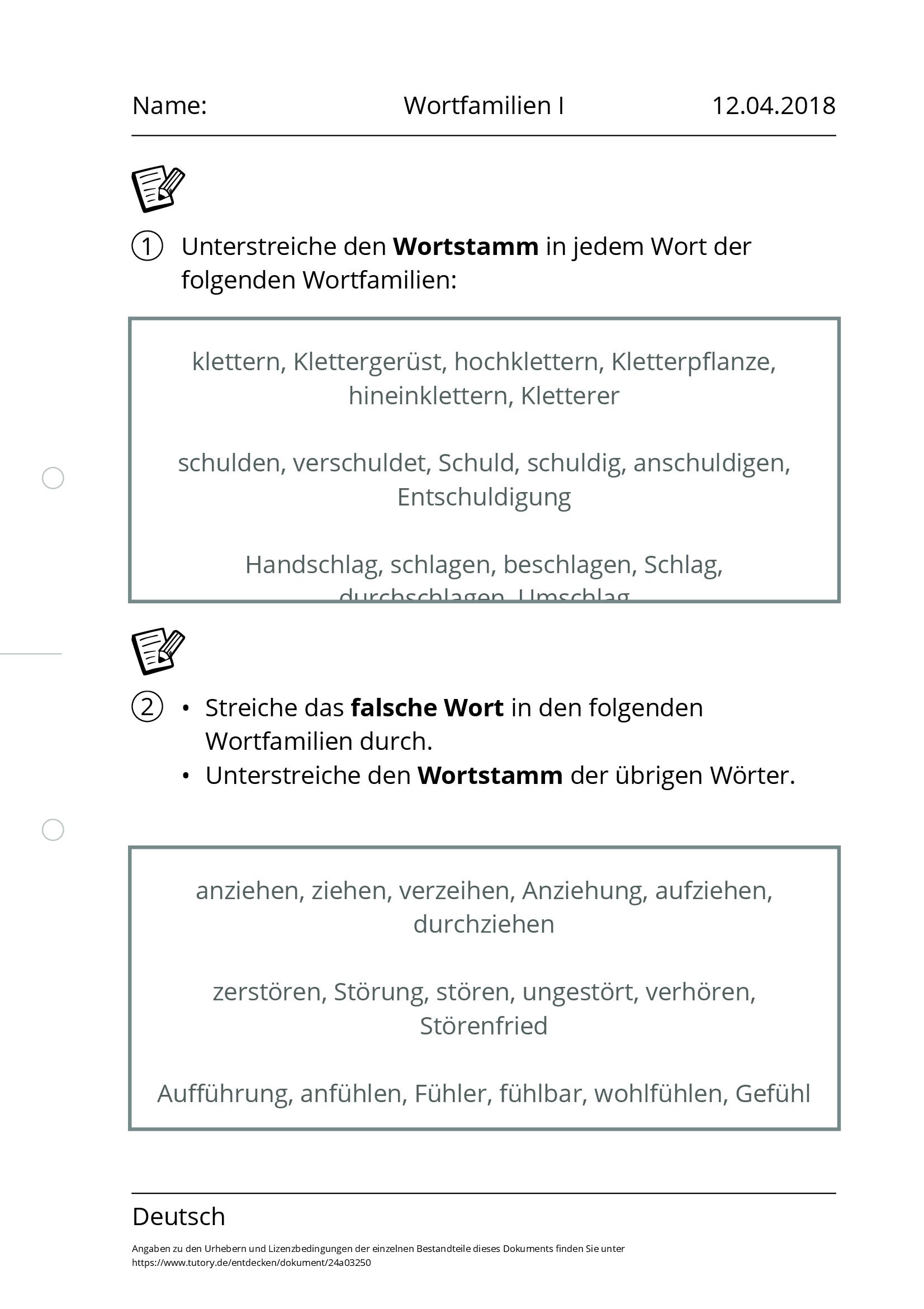 Arbeitsblatt - Wortfamilien I - Deutsch - Tutory.de