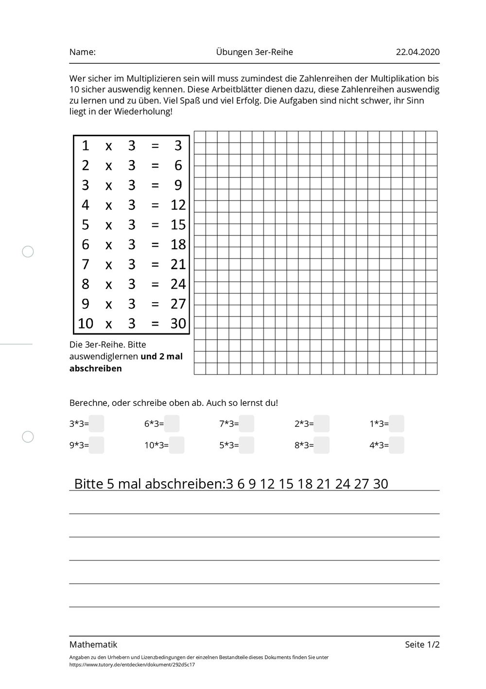 3er Reihe Arbeitsblatt
 Arbeitsblatt Übungen 3er Reihe Mathematik tutory