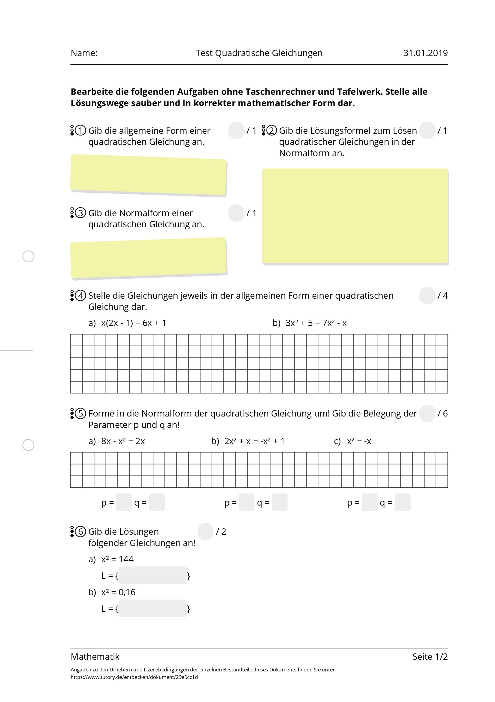 Arbeitsblatt - Test Quadratische Gleichungen - Mathematik - Tutory.de