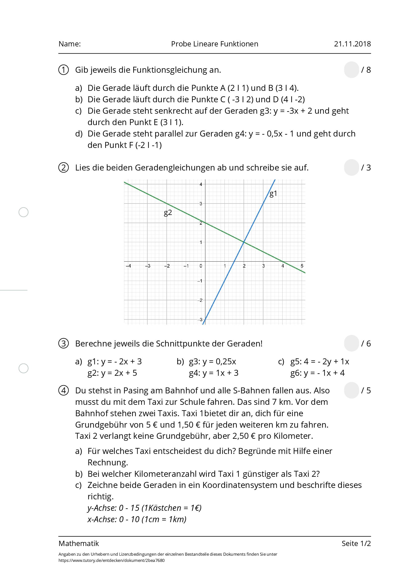 Arbeitsblatt - Probe Lineare Funktionen - Mathematik - Tutory.de