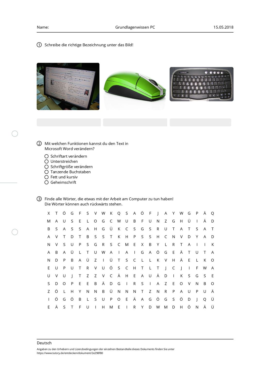 Arbeitsblatt - Grundlagenwissen PC - Deutsch - Grundschule - tutory.de