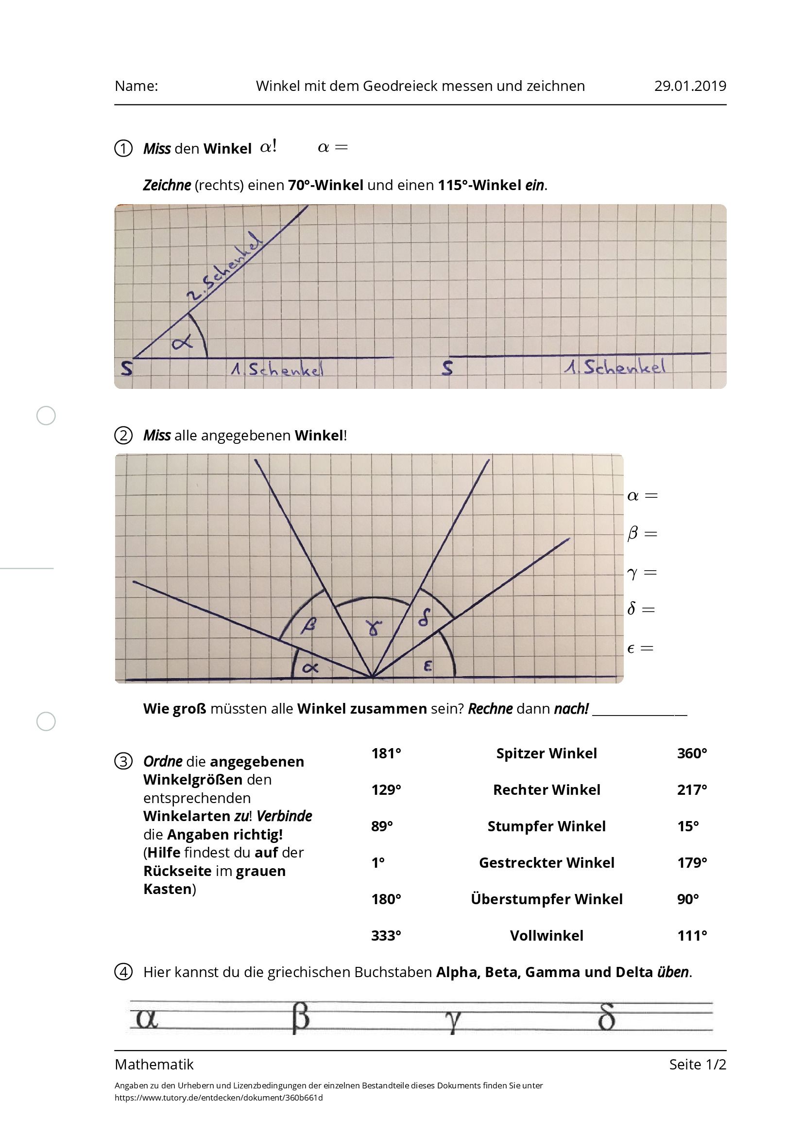 Arbeitsblatt - Winkel Mit Dem Geodreieck Messen Und Zeichnen ...