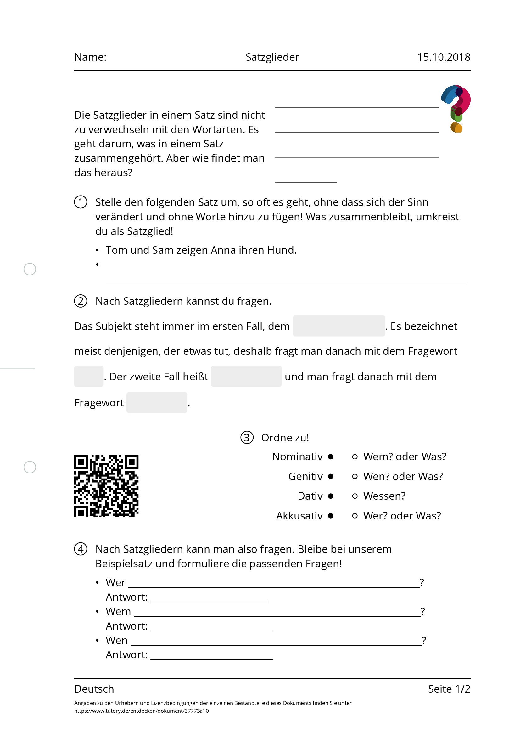 Arbeitsblatt - Satzglieder - Deutsch - Mittlere Reife - Tutory.de