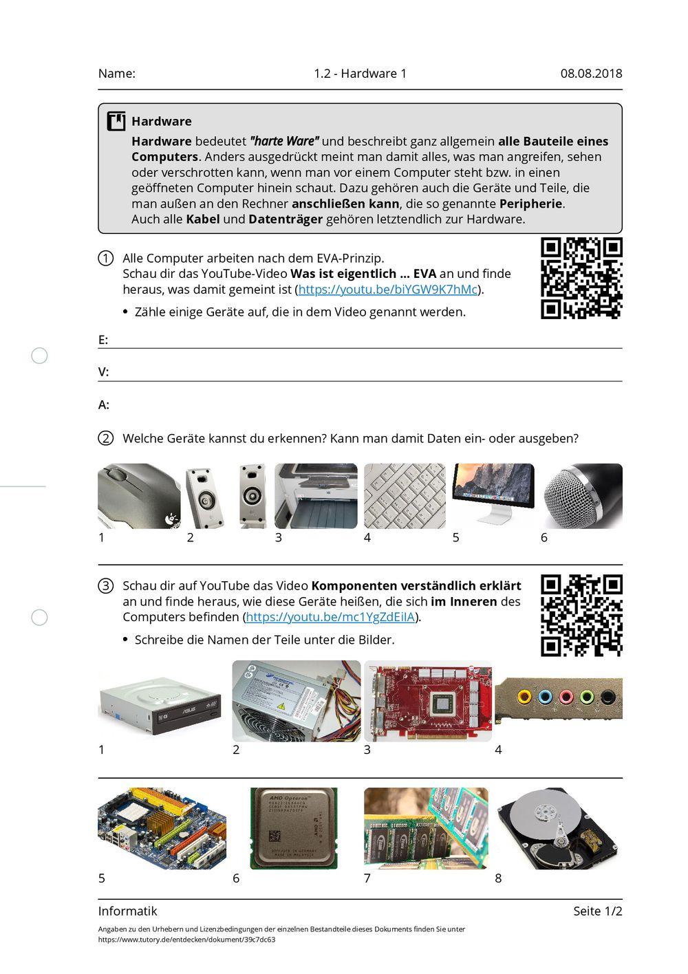 Informatik Arbeitsblätter
 Arbeitsblatt 1 2 Hardware 1 Informatik Mittlere Reife tutory