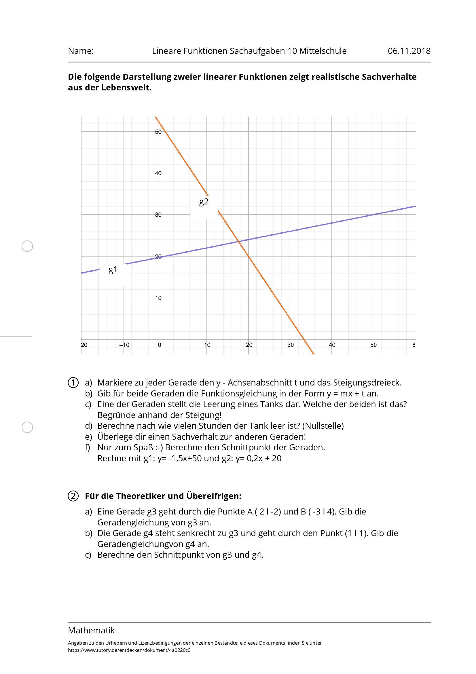 Arbeitsblatt - Lineare Funktionen Sachaufgaben 10 Mittelschule ...