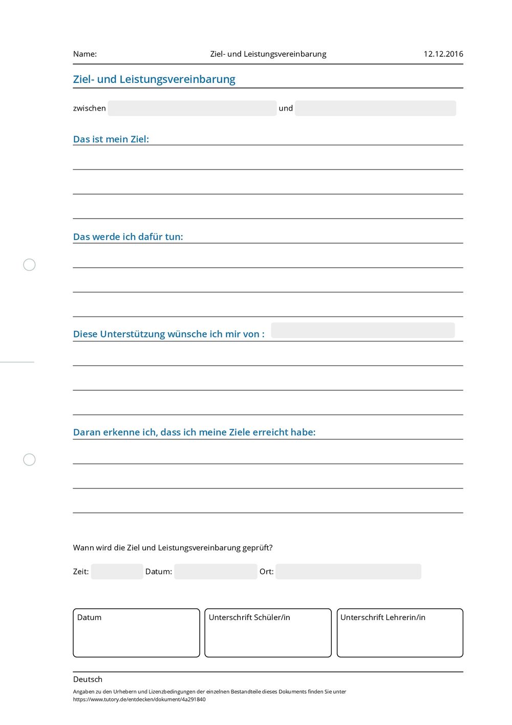 Arbeitsblatt Ziel und Leistungsvereinbarung Deutsch tutory.de