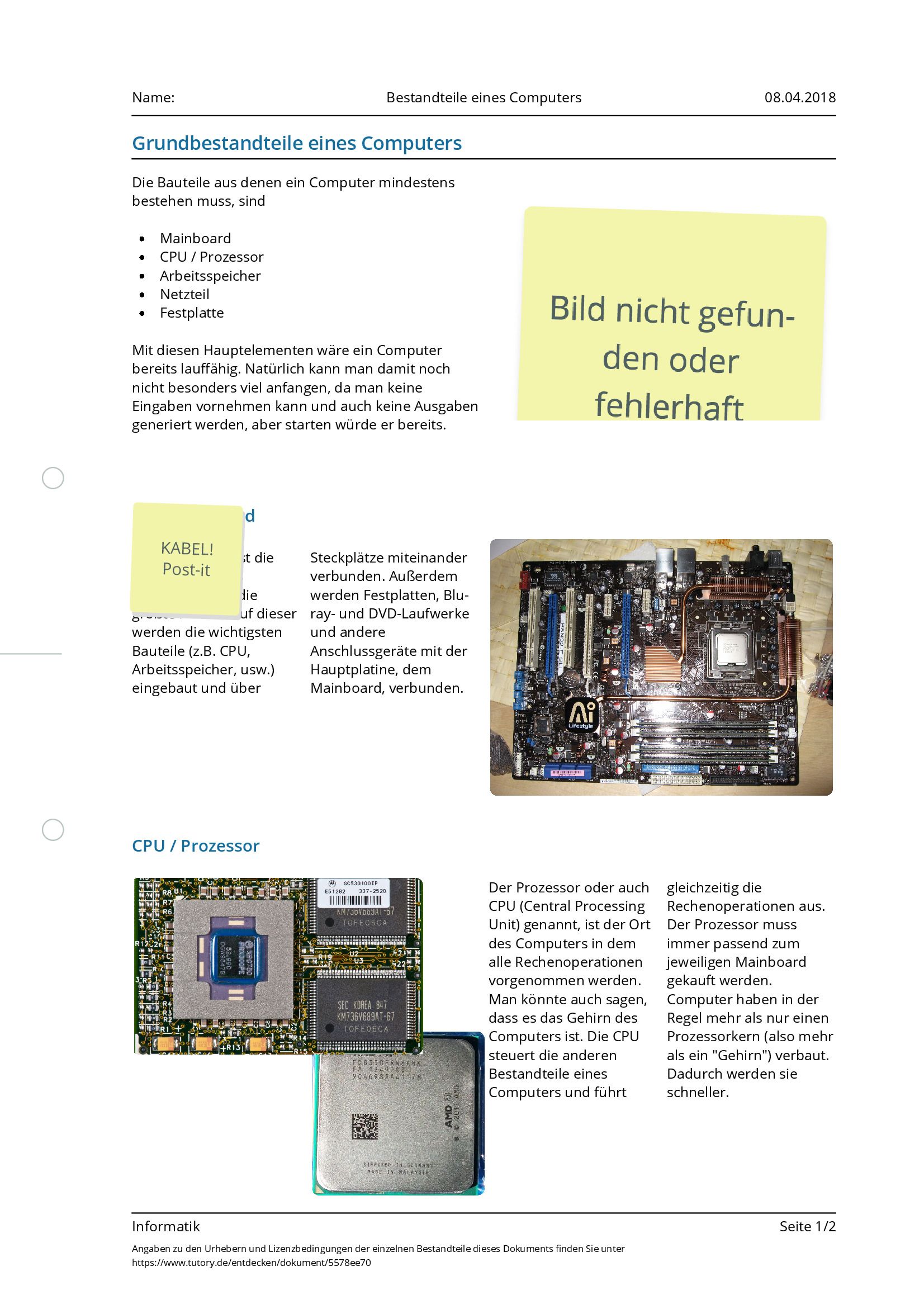 Arbeitsblatt - Bestandteile Eines Computers - Informatik - Mittlere ...