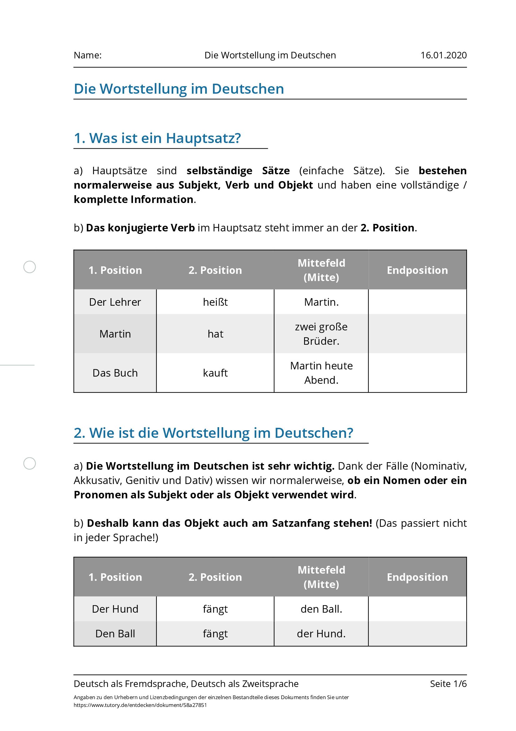 Arbeitsblatt - Die Wortstellung Im Deutschen - Deutsch Als Fremdsprache ...