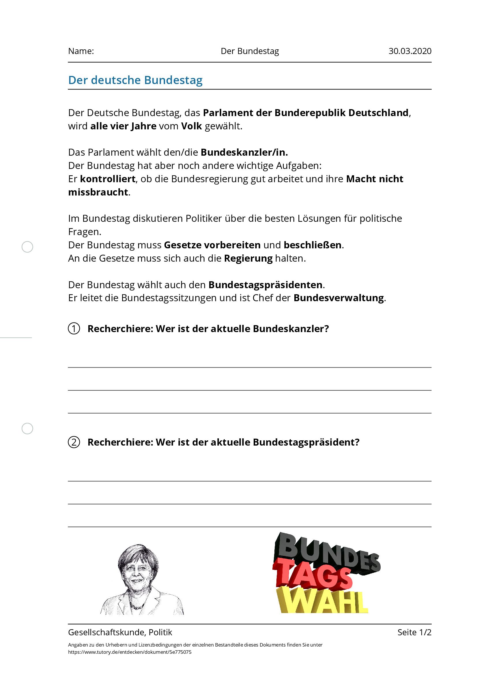 Arbeitsblatt - Der Bundestag - Gesellschaftskunde & Politik - Tutory.de