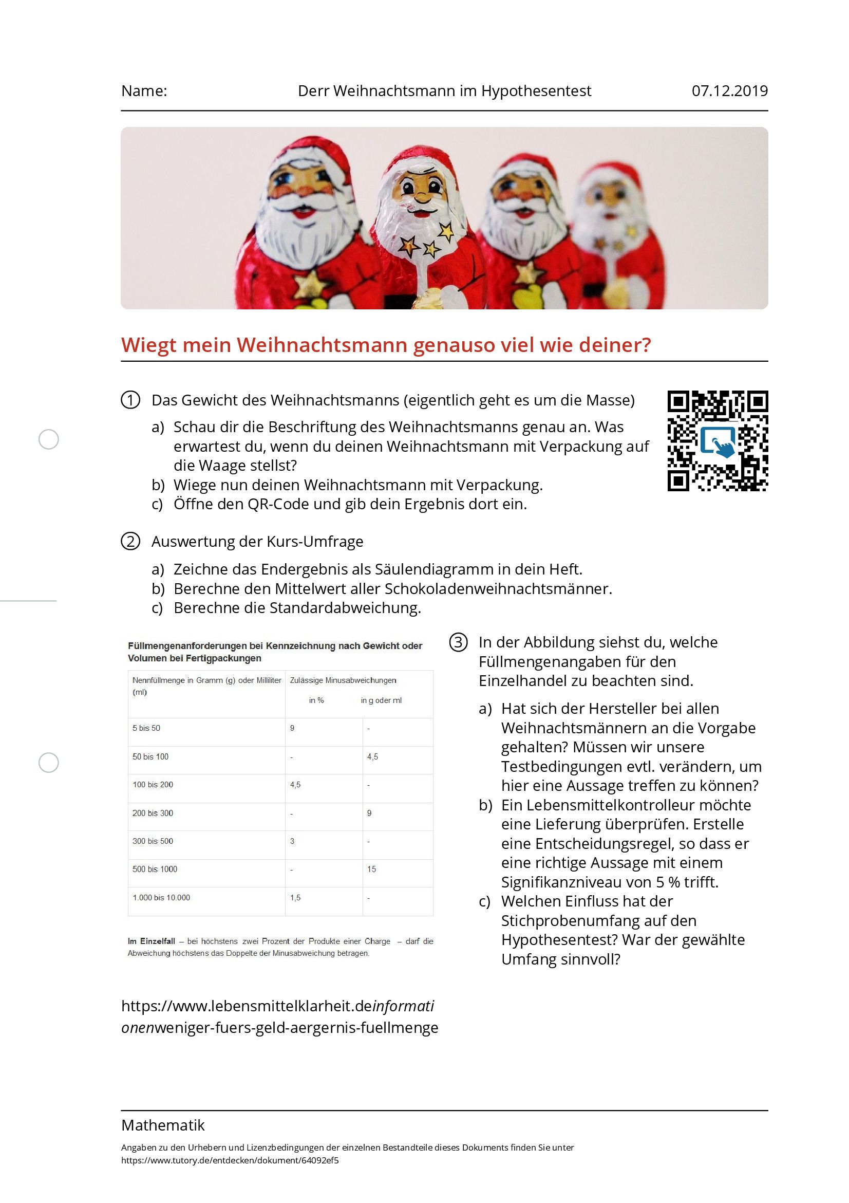 Arbeitsblatt - Derr Weihnachtsmann im Hypothesentest - Mathematik - tutory.de