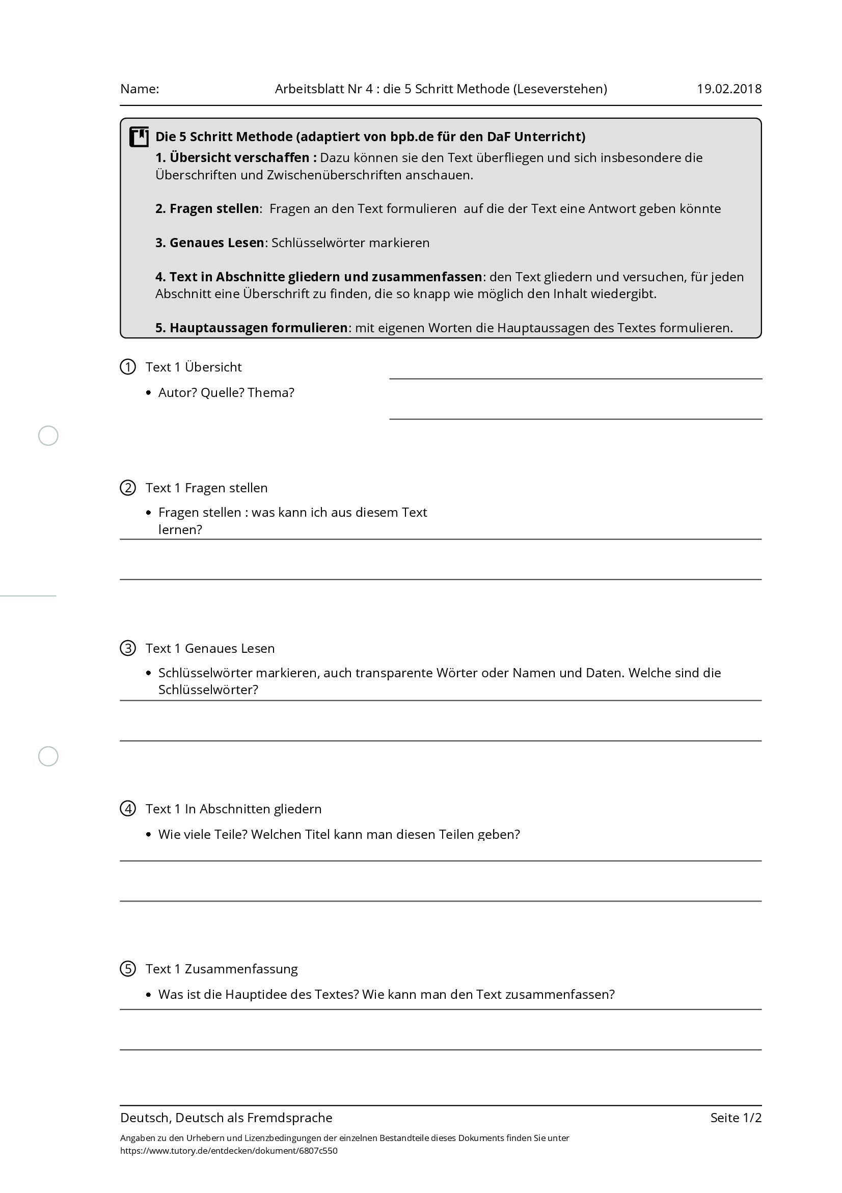 Arbeitsblatt - Arbeitsblatt Nr 4 : Die 5 Schritt Methode (Leseverstehen ...