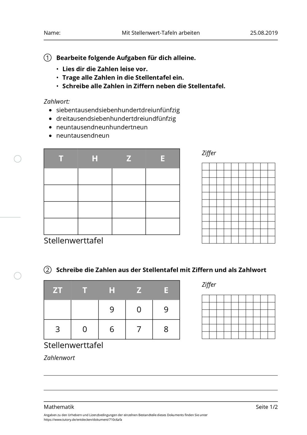 Arbeitsblatt - Mit Stellenwert-Tafeln arbeiten - Mathematik - tutory.de