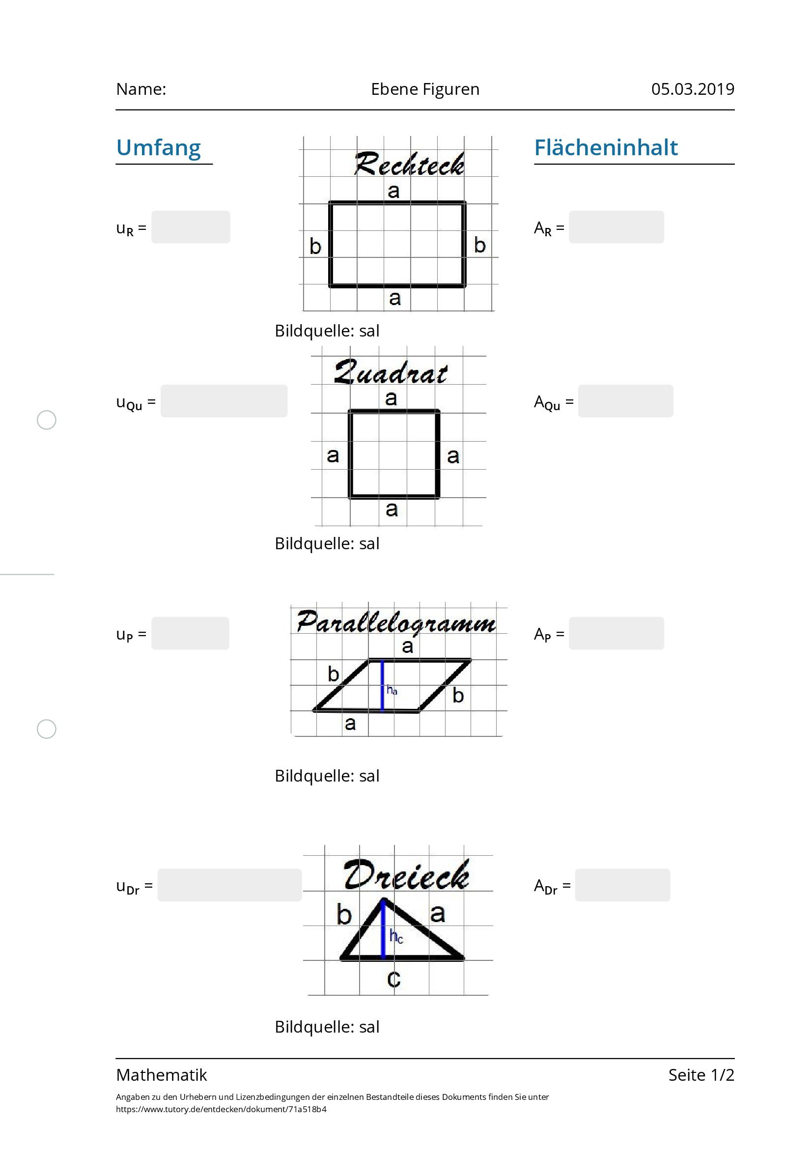 Arbeitsblatt - Ebene Figuren - Mathematik - Tutory.de