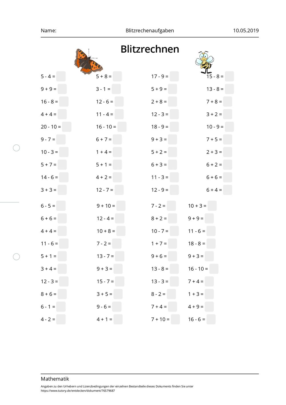 Arbeitsblatt - Blitzrechenaufgaben - Mathematik - Grundschule - tutory.de