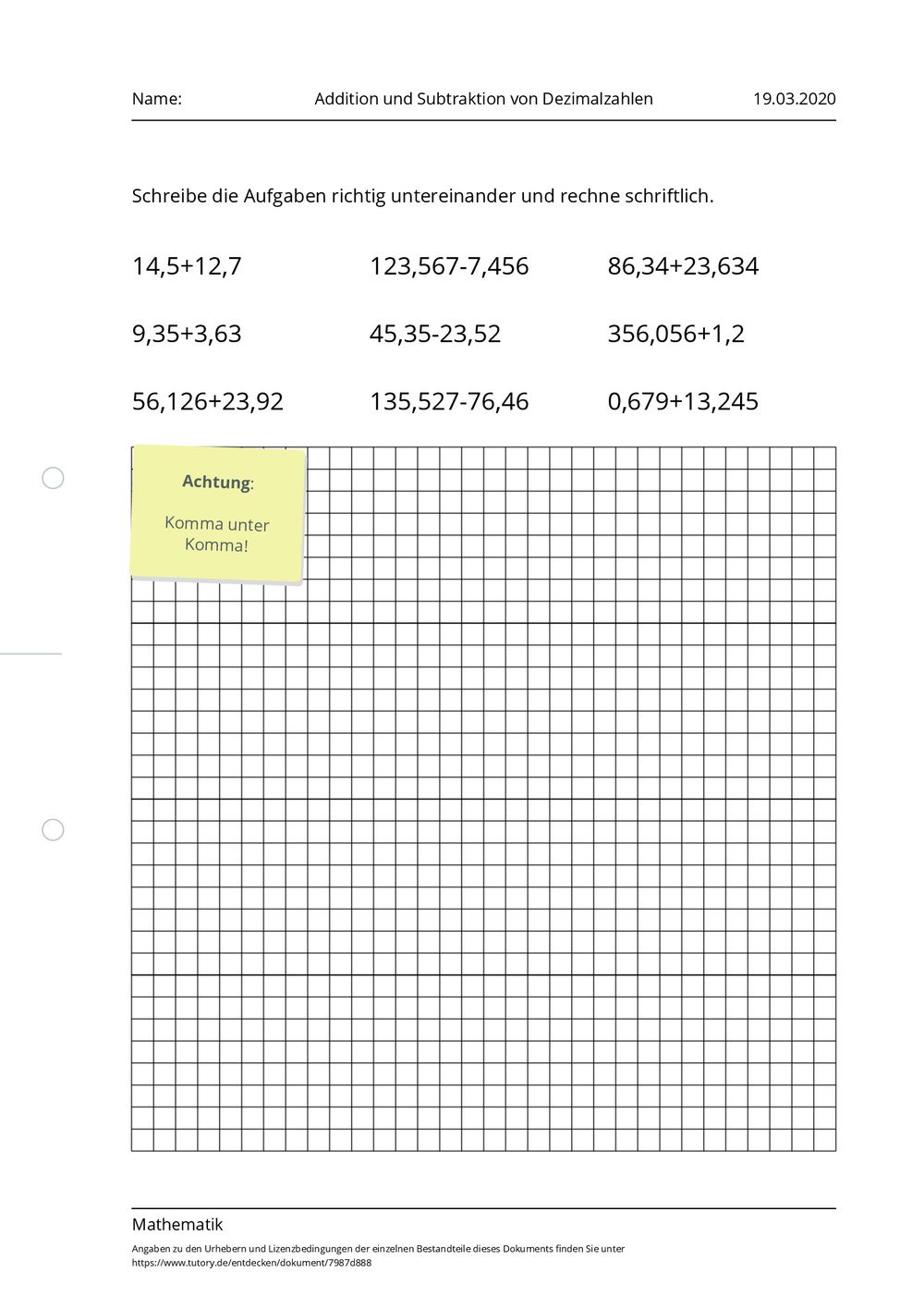 Dezimalzahlen Arbeitsblatt
 Arbeitsblatt Addition und Subtraktion von Dezimalzahlen Mathematik