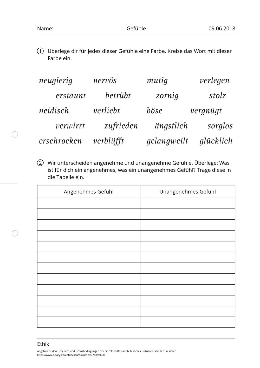 Arbeitsblatt - Gefühle - Ethik - Förderschule - tutory.de