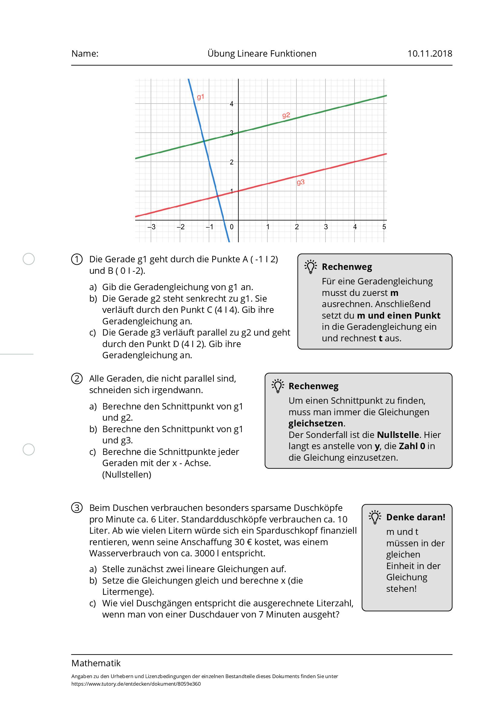 Arbeitsblatt - Übung Lineare Funktionen - Mathematik - Tutory.de