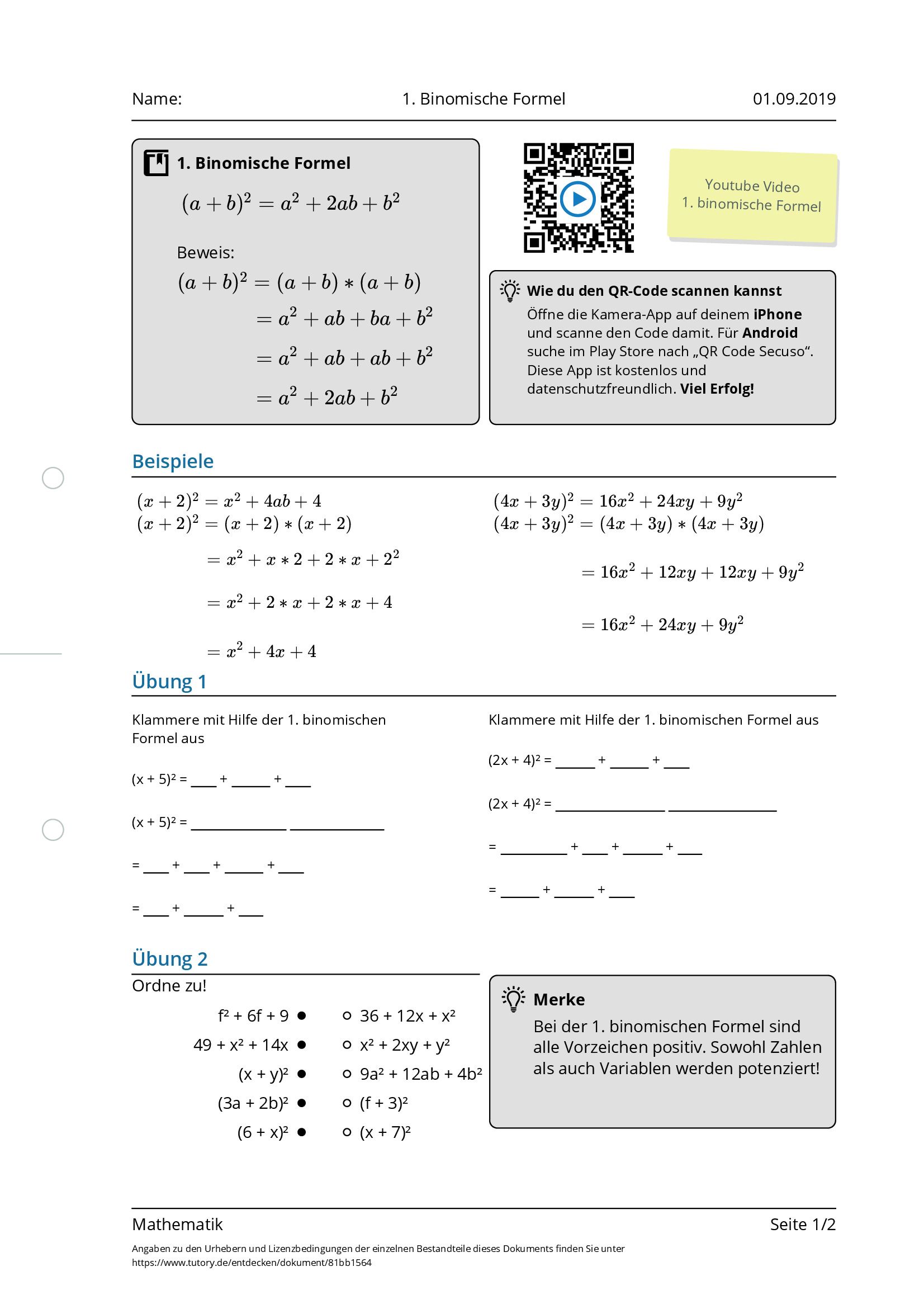 Arbeitsblatt - 1. Binomische Formel - Mathematik - Tutory.de