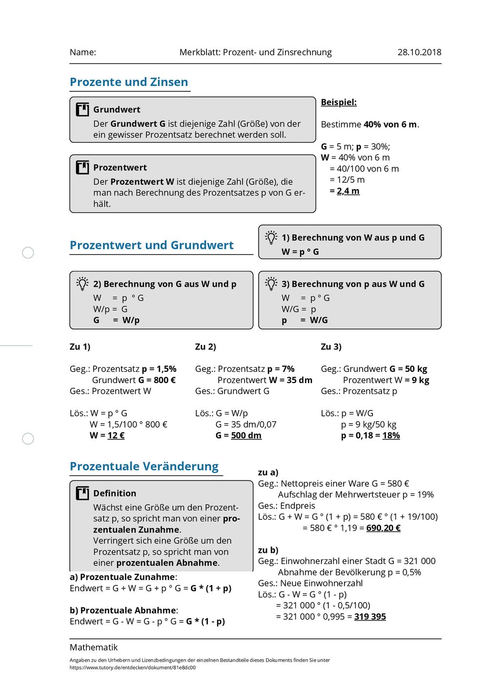 Arbeitsblatt - Merkblatt: Prozent- und Zinsrechnung - Mathematik