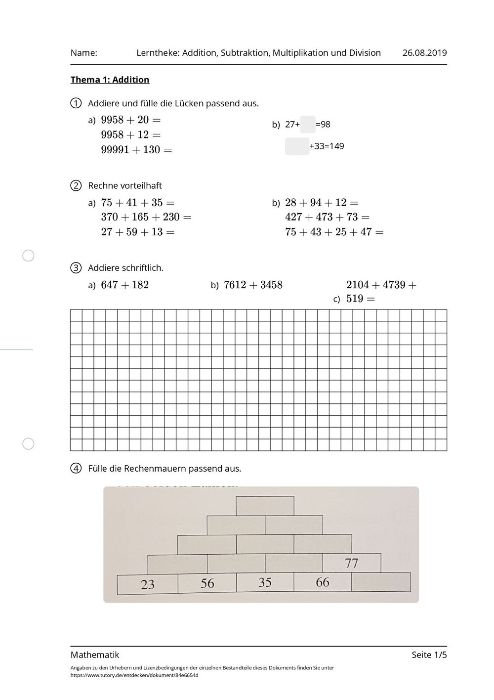 Arbeitsblatt - Lerntheke: Addition, Subtraktion, Multiplikation und