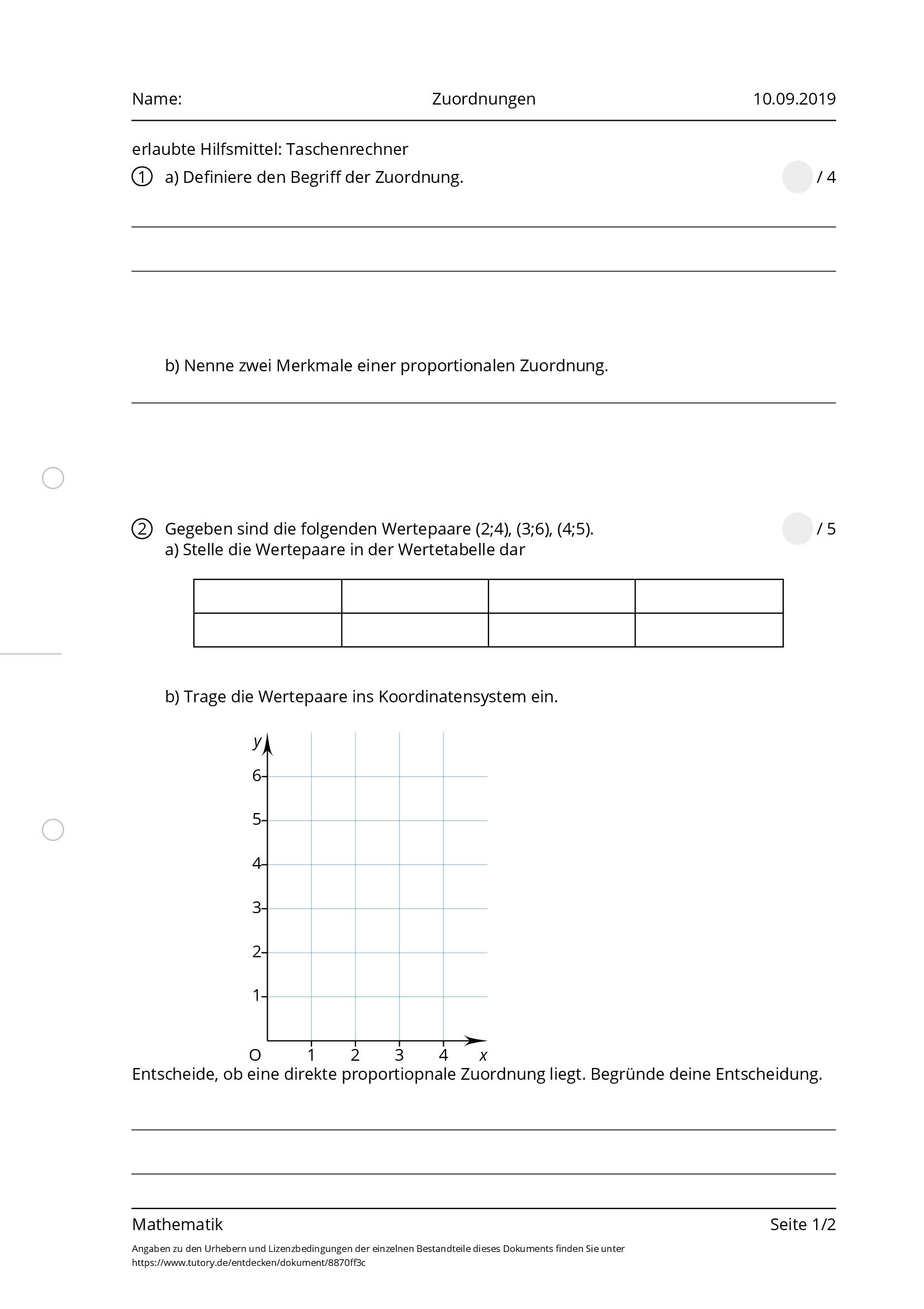 Arbeitsblatt - Zuordnungen - Mathematik - Tutory.de