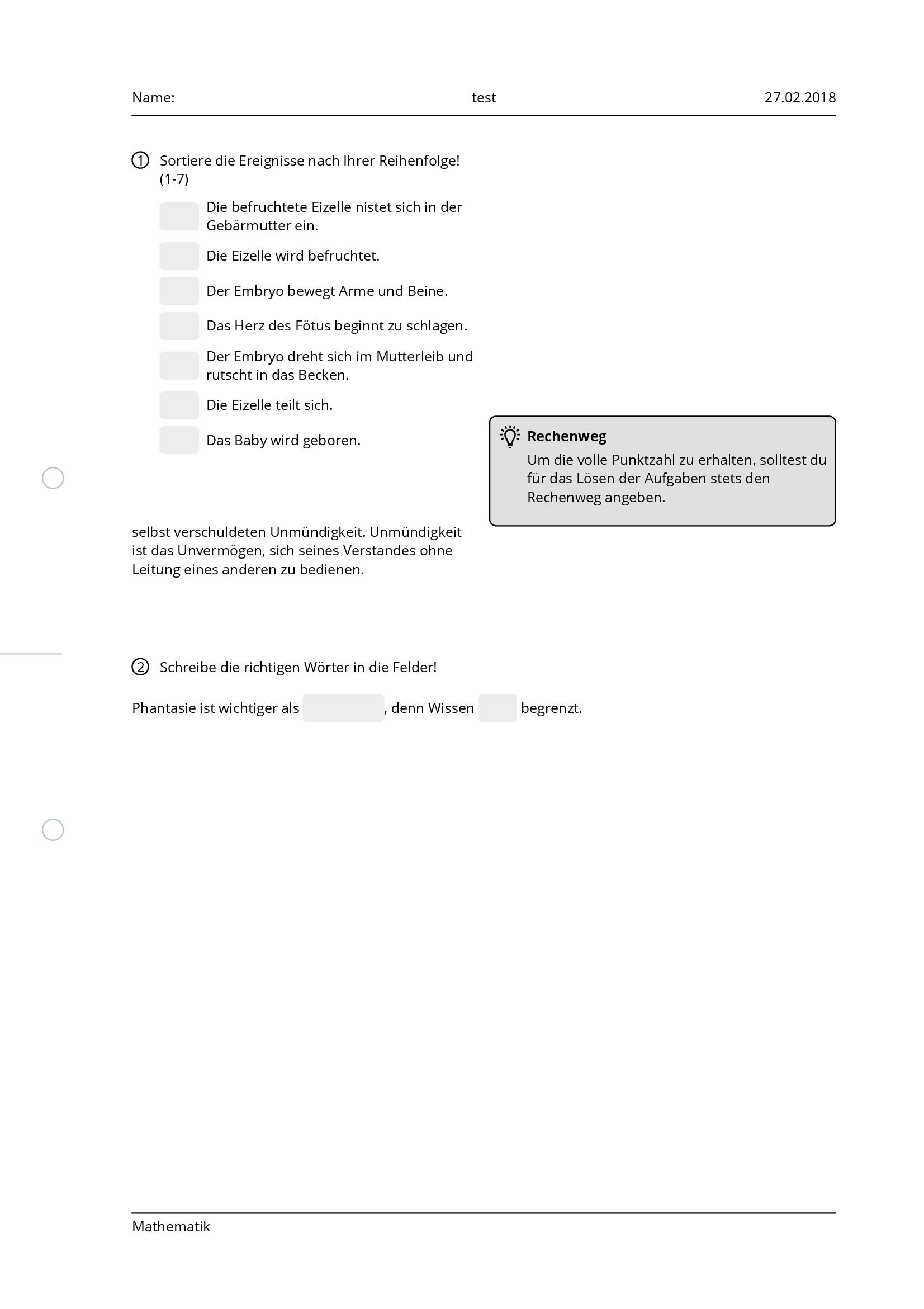 Arbeitsblatt - Test - Mathematik - Allgemeine Hochschulreife - Tutory.de