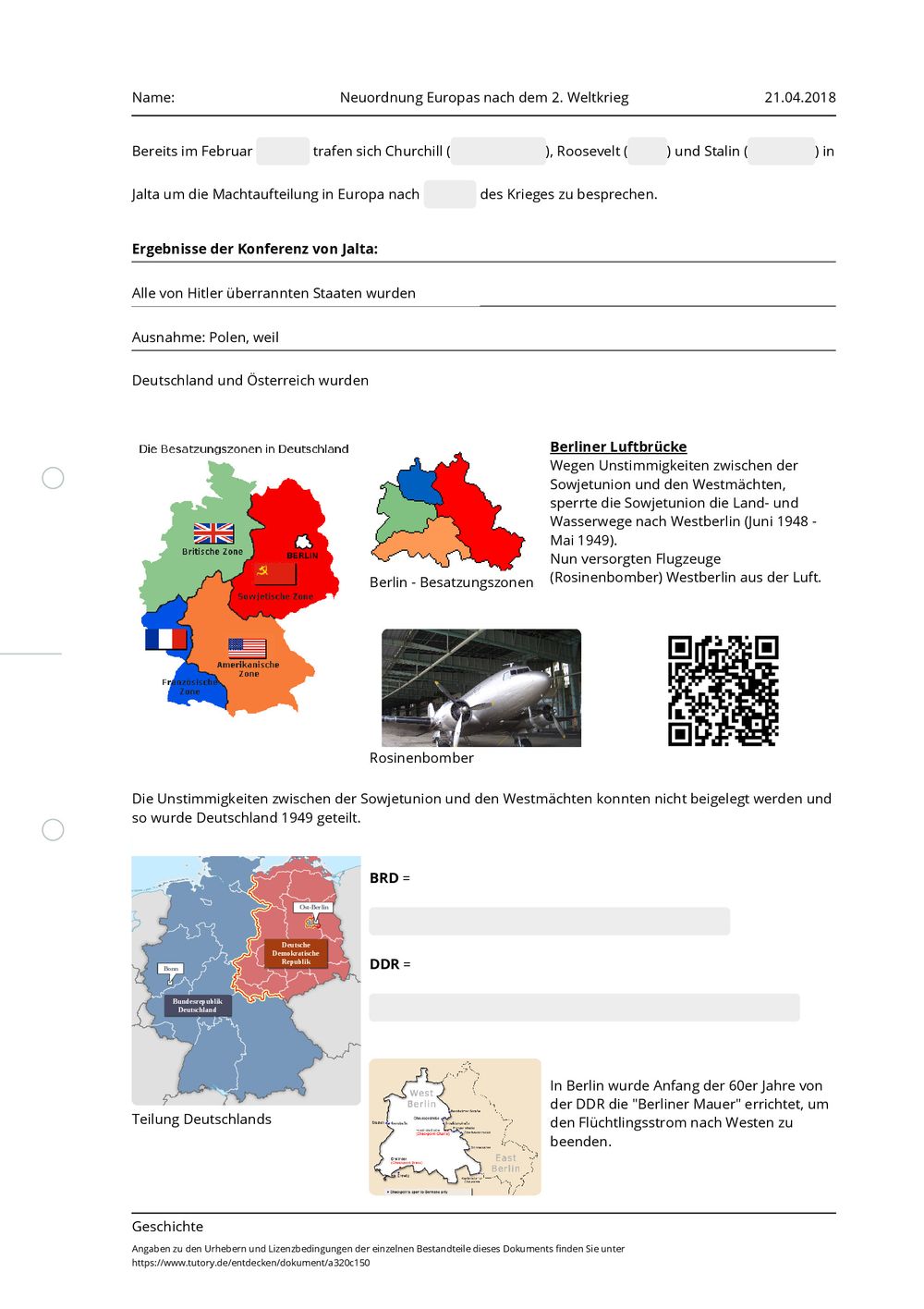 Arbeitsblatt - Neuordnung Europas nach dem 2. Weltkrieg - Geschichte