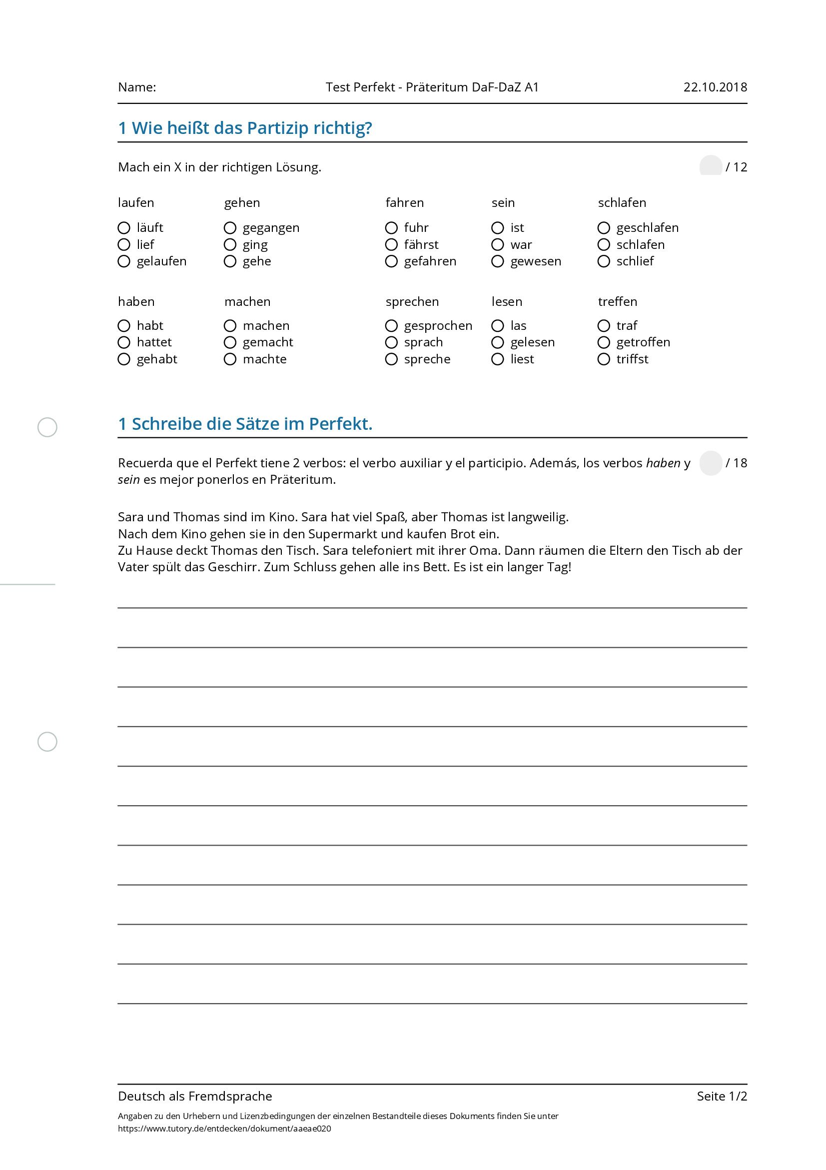 Arbeitsblatt - Test Perfekt - Präteritum DaF-DaZ A1 - Deutsch Als ...