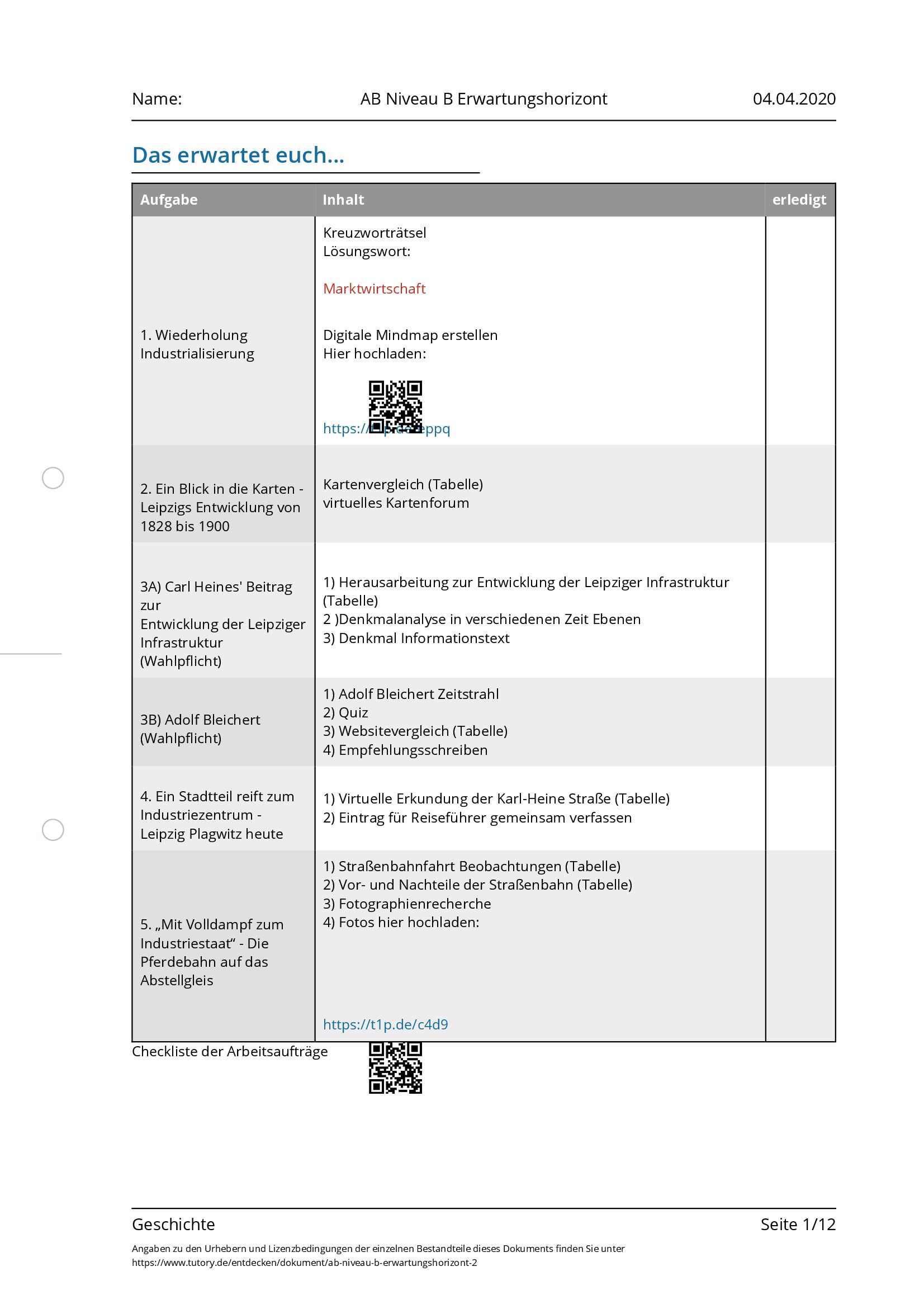 Arbeitsblatt - AB Niveau B Erwartungshorizont - Geschichte - Tutory.de