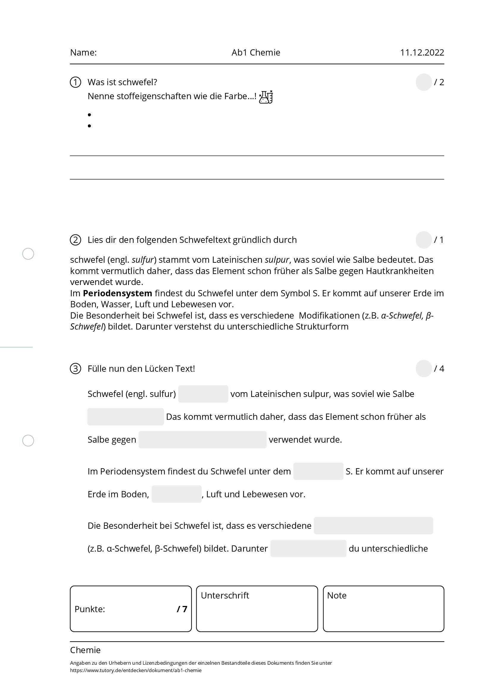 Arbeitsblatt - Ab1 Chemie - Chemie - Tutory.de