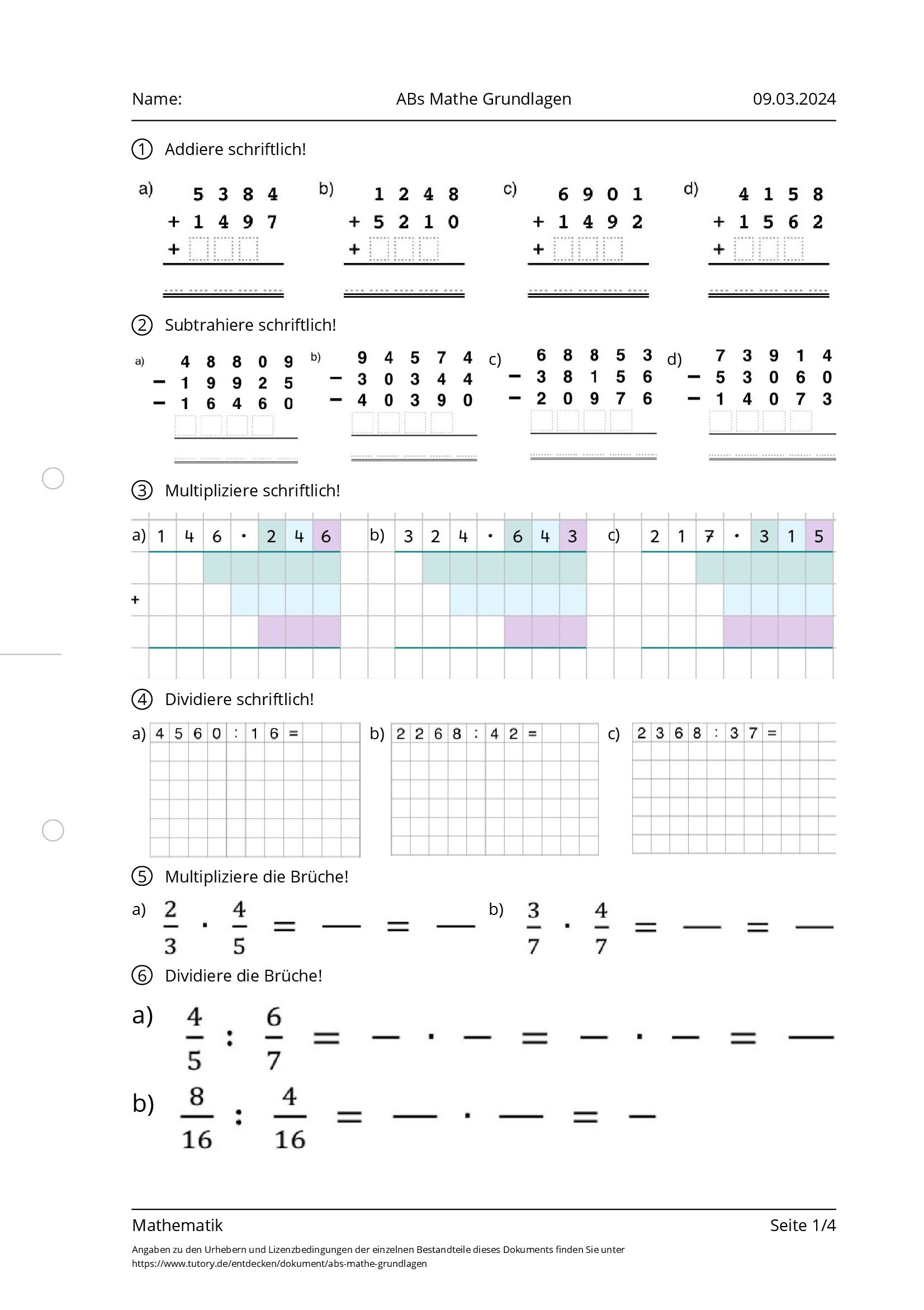 Arbeitsblatt - ABs Mathe Grundlagen - Mathematik - Tutory.de