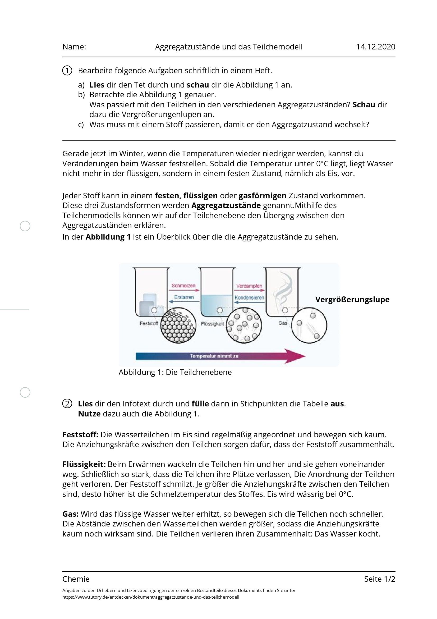 Arbeitsblatt - Aggregatzustände Und Das Teilchemodell - Chemie - Tutory.de