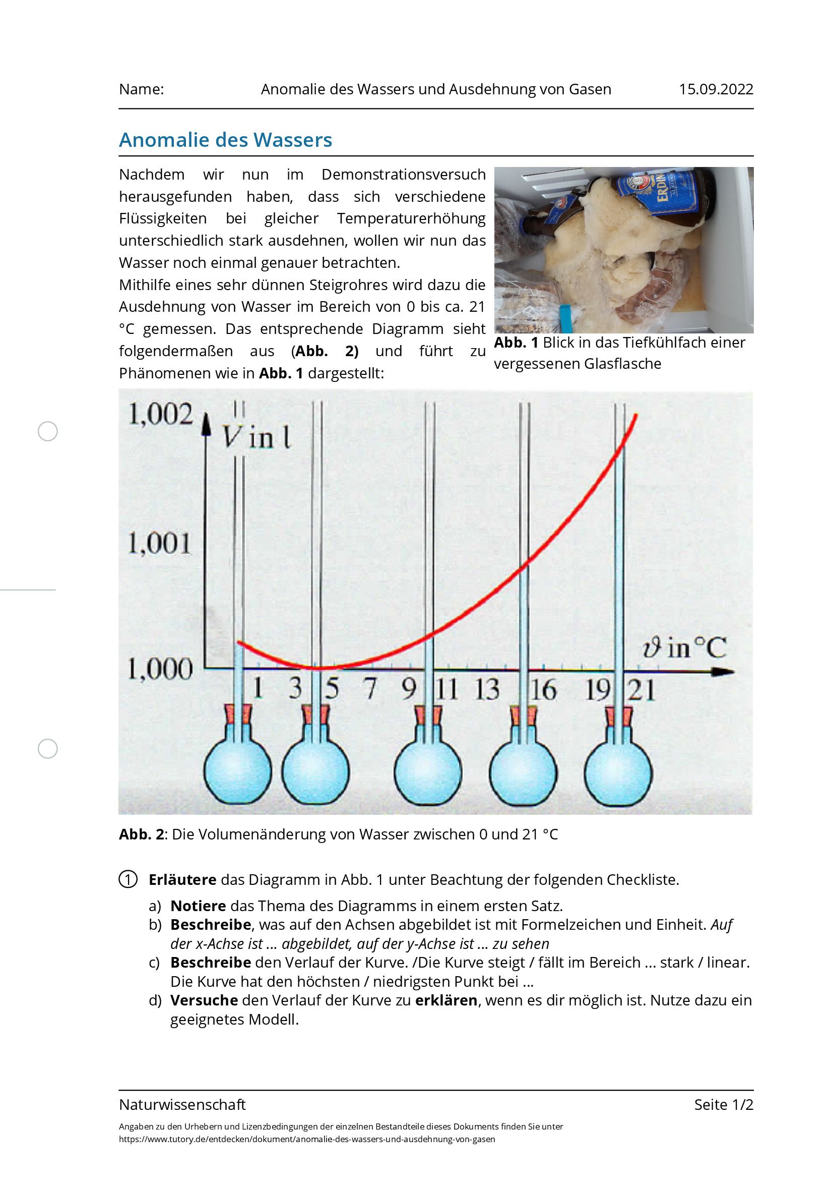 Arbeitsblatt - Anomalie Des Wassers Und Ausdehnung Von Gasen ...