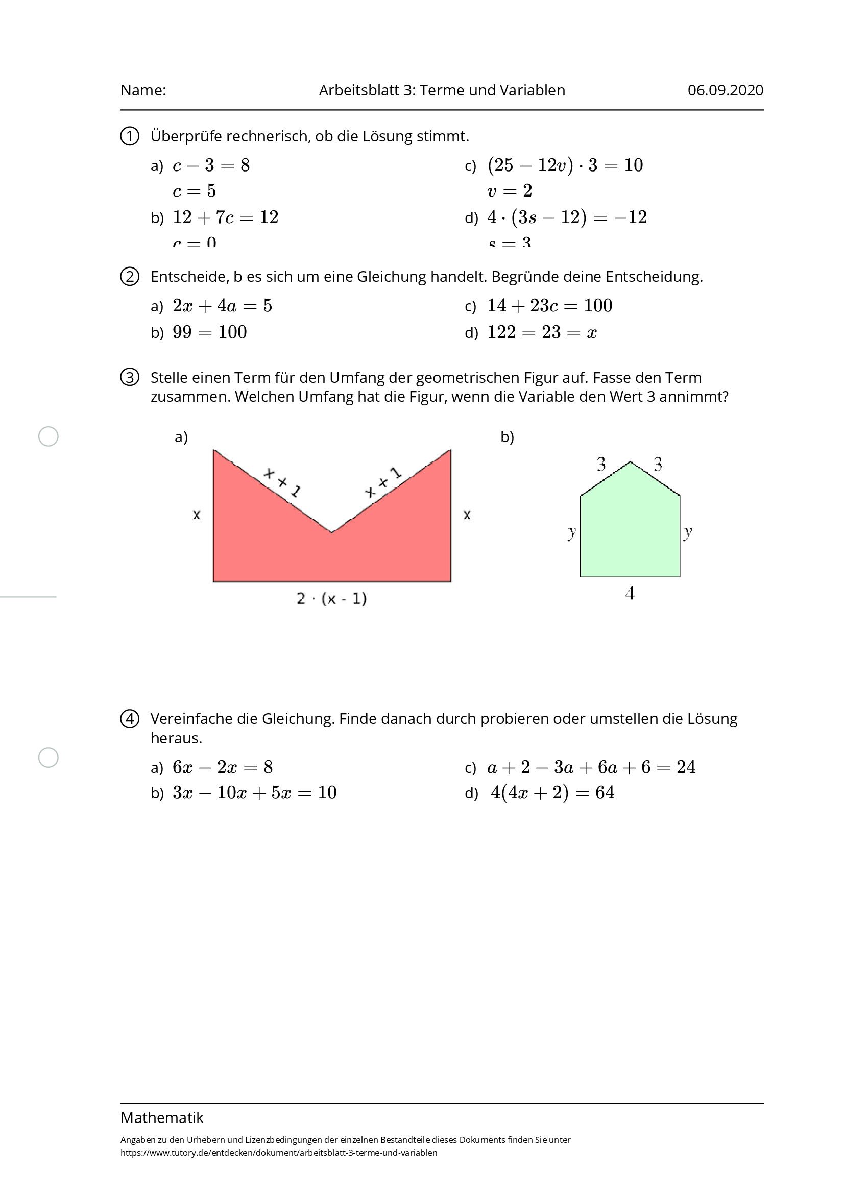 Arbeitsblatt - Arbeitsblatt 3: Terme Und Variablen - Mathematik - Tutory.de